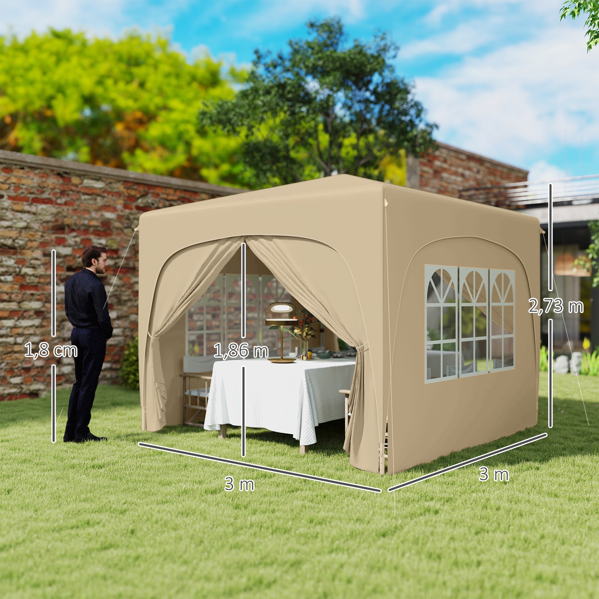 Outsunny 3 x 3 m Pavillon, Pop-up Gartenzelt mit Seitenwänden und Tragetasche, UPF50+, höhenverstellbar, Sand