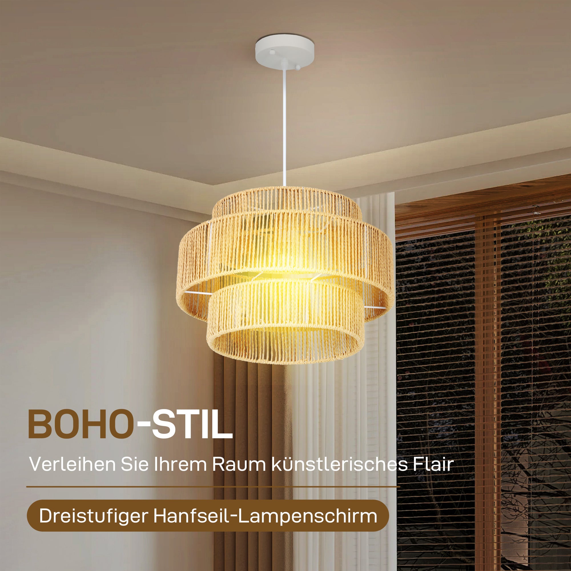 HOMCOM Hängelampe, 3-stufiger Lampenschirm, Metall, Hanfseil, Hellbraun