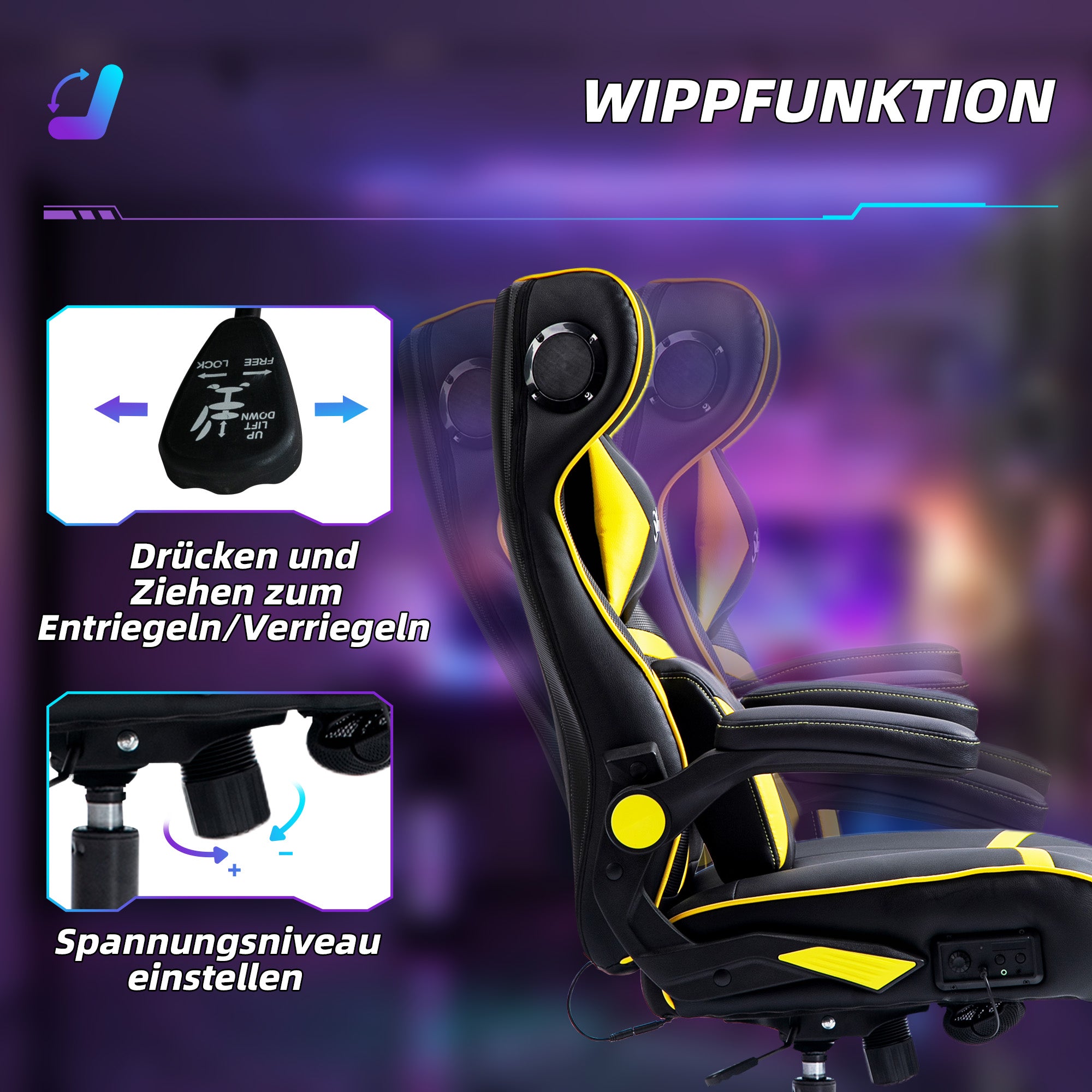 Vinsetto Gaming Stuhl mit Schaukelfunktion und Lautsprecher, Lenden- und Nackenstütze, für Spielzimmer, Kunstleder, Gelb+Schwarz