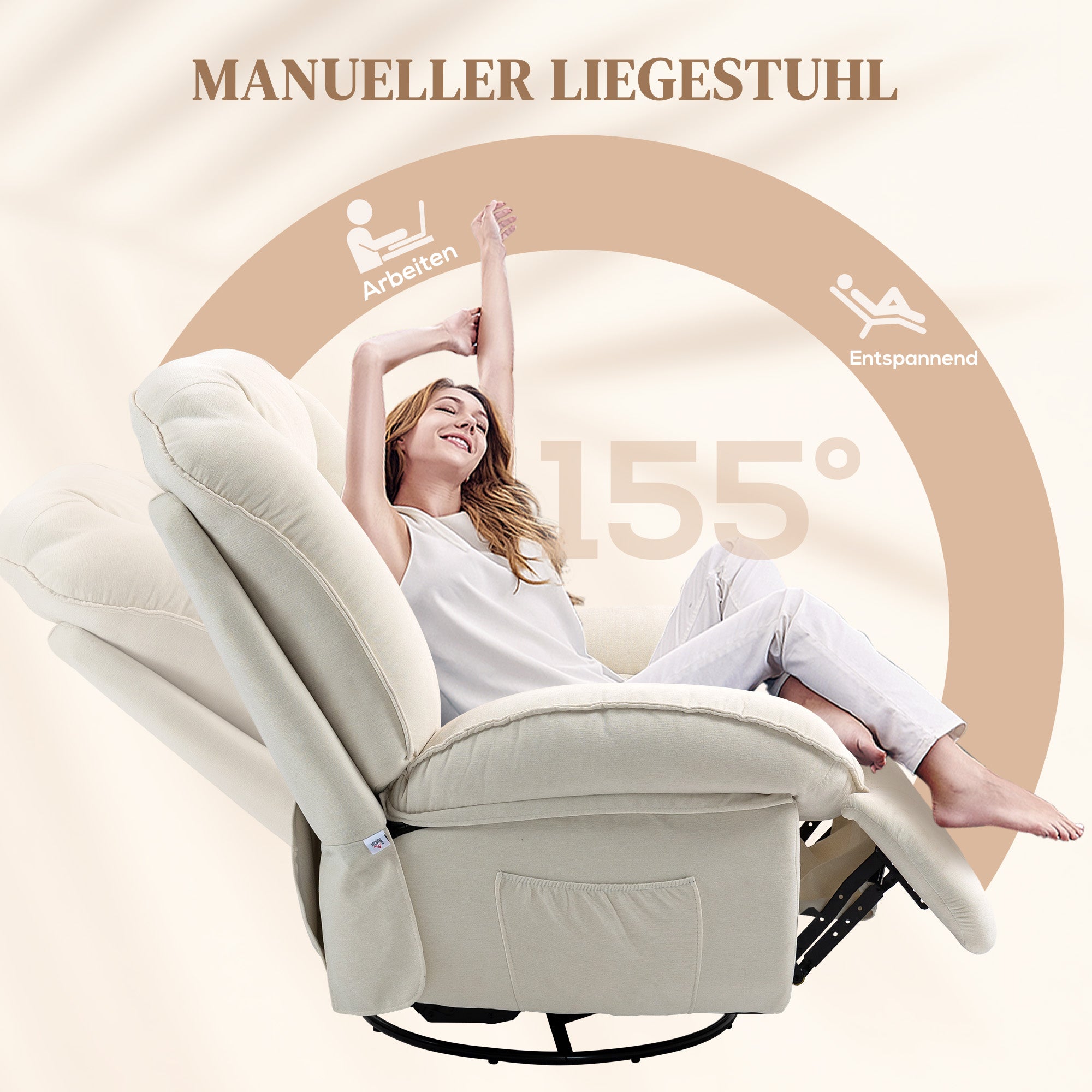 HOMCOM Relaxsessel, verstellbar, 104x100x102cm/164x76cm, Cremeweiß