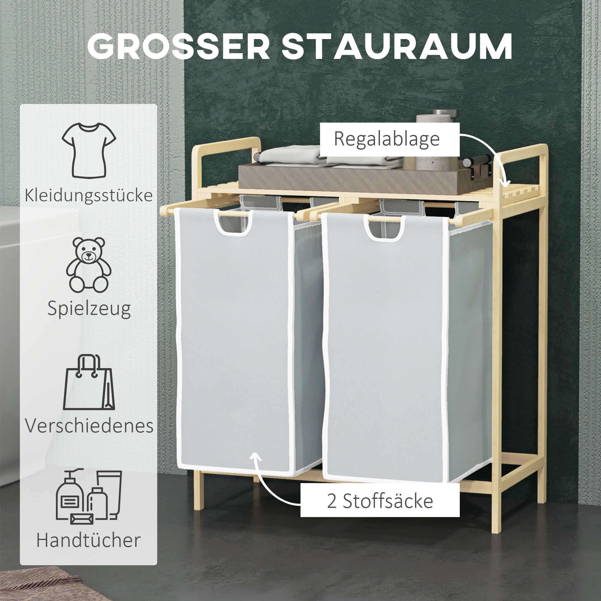 HOMCOM Wäschekorb mit 2 Waschsäcken, 1 Ablage, Bambus, 63,5 cm x 33 cm x 73 cm, Hellgrau + Natur