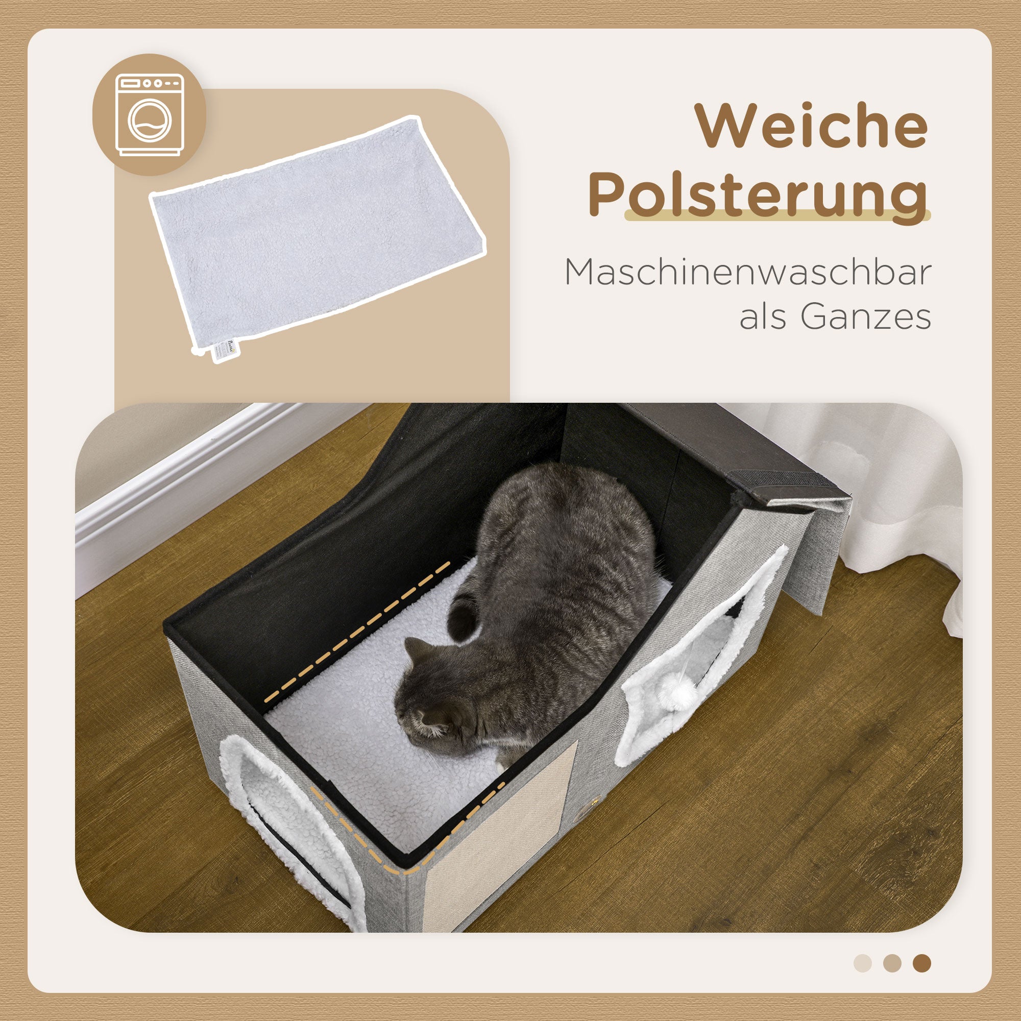 PawHut Katzenhaus mit Kratzfläche, inkl. Spielball, Katzenhöhle, 65 cm  x 41 cm x 45.5H cm, Braun + Weiß + Beige