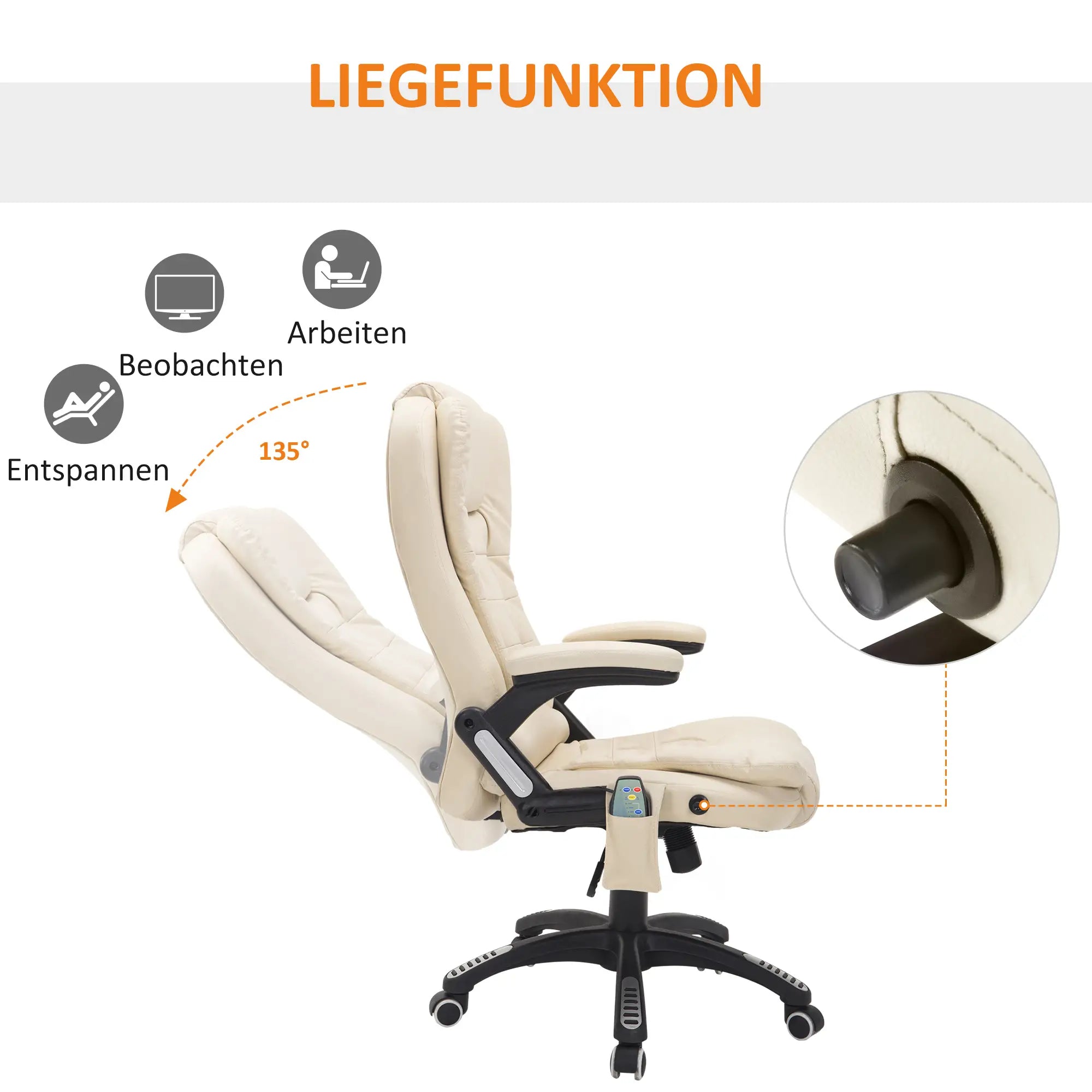 HOMCOM Bürostuhl mit Massagefunktion, Wärmefunktion, höhenverstellbar, Kippfunktion, Massage-Bürostuhl, Cremeweiß + Schwarz