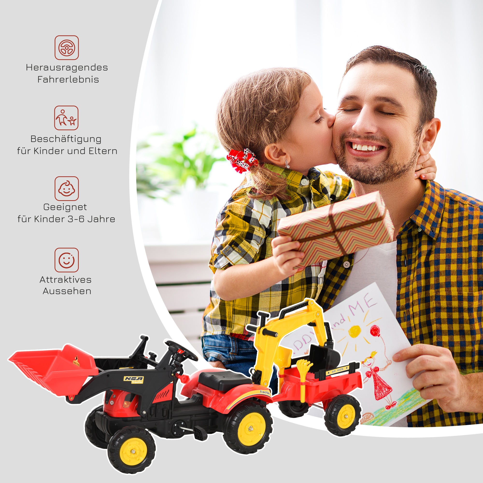 HOMCOM Trettraktor mit Anhänger, Frontlader, verstellbarer Schaufel, Traktor Tretfahrzeug für Kinder ab 3 Jahren Rot