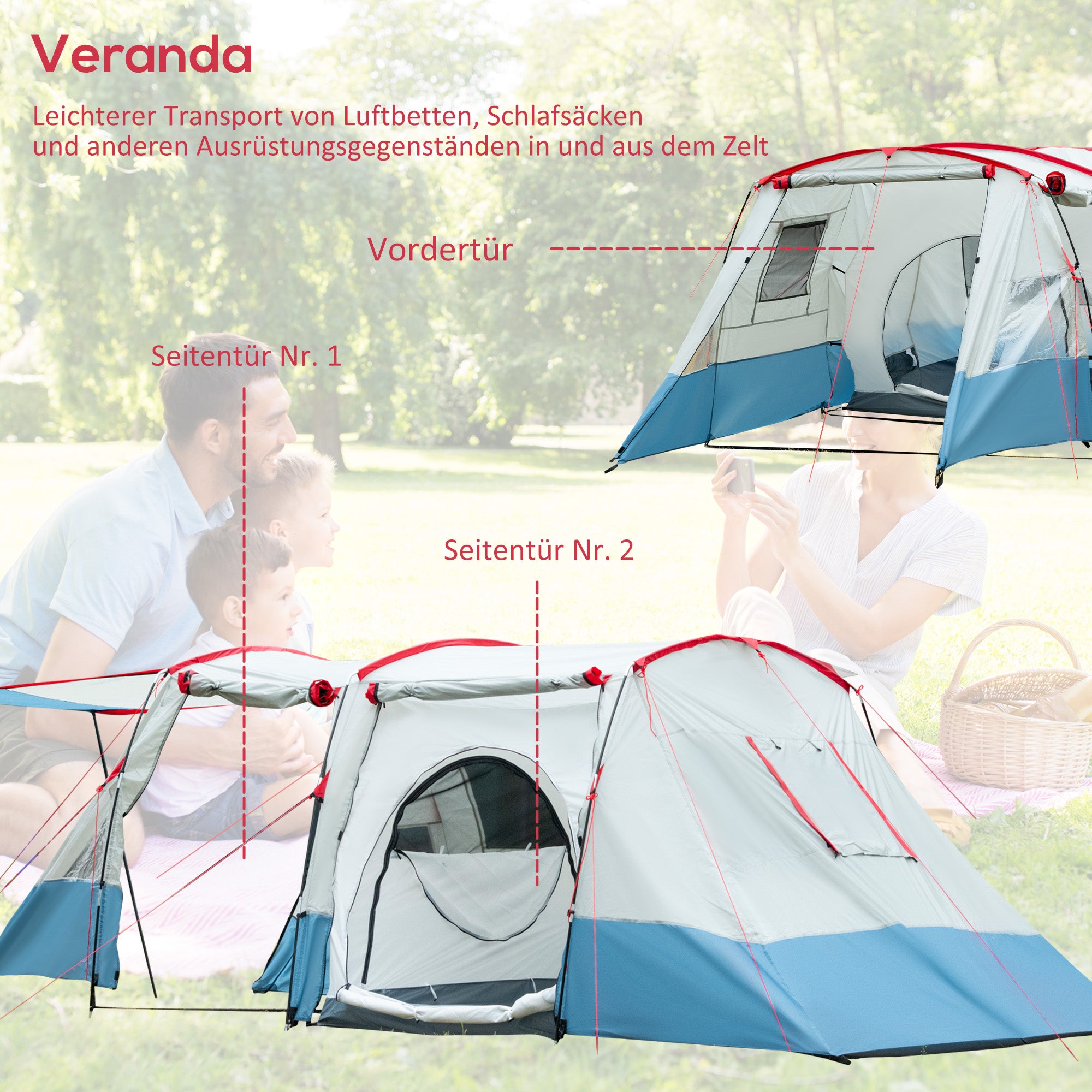 Outsunny Campingzelt, für 6-8 Personen, zwei Räume, Lampenhaken, mit Tragetasche, Blau, 5,10x2,40x1,80m