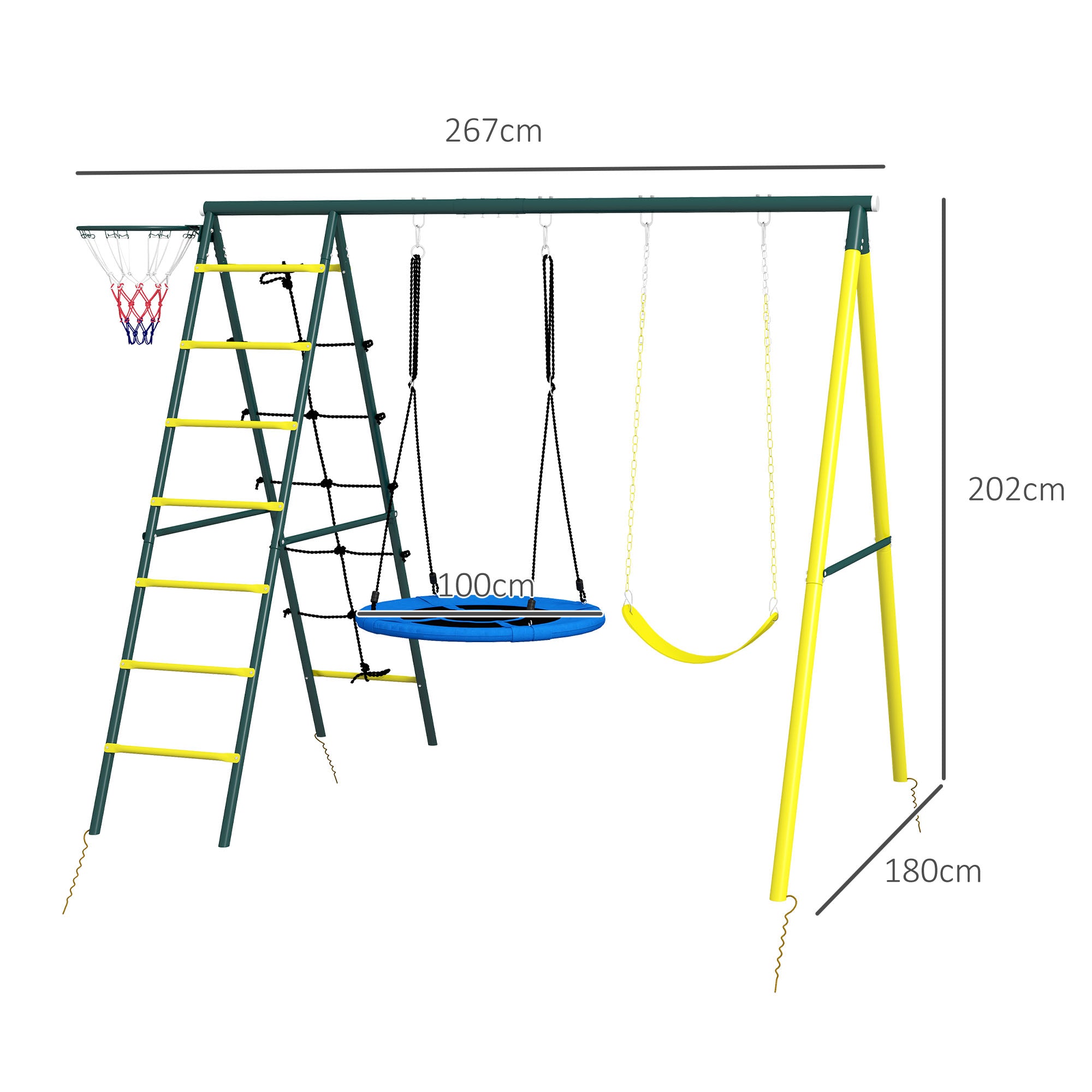 Outsunny Kinderschaukel-Gerüst mit 2 Schaukeln, Basketballkorb, Kletterleiter, 267x180x202 cm, Gelb