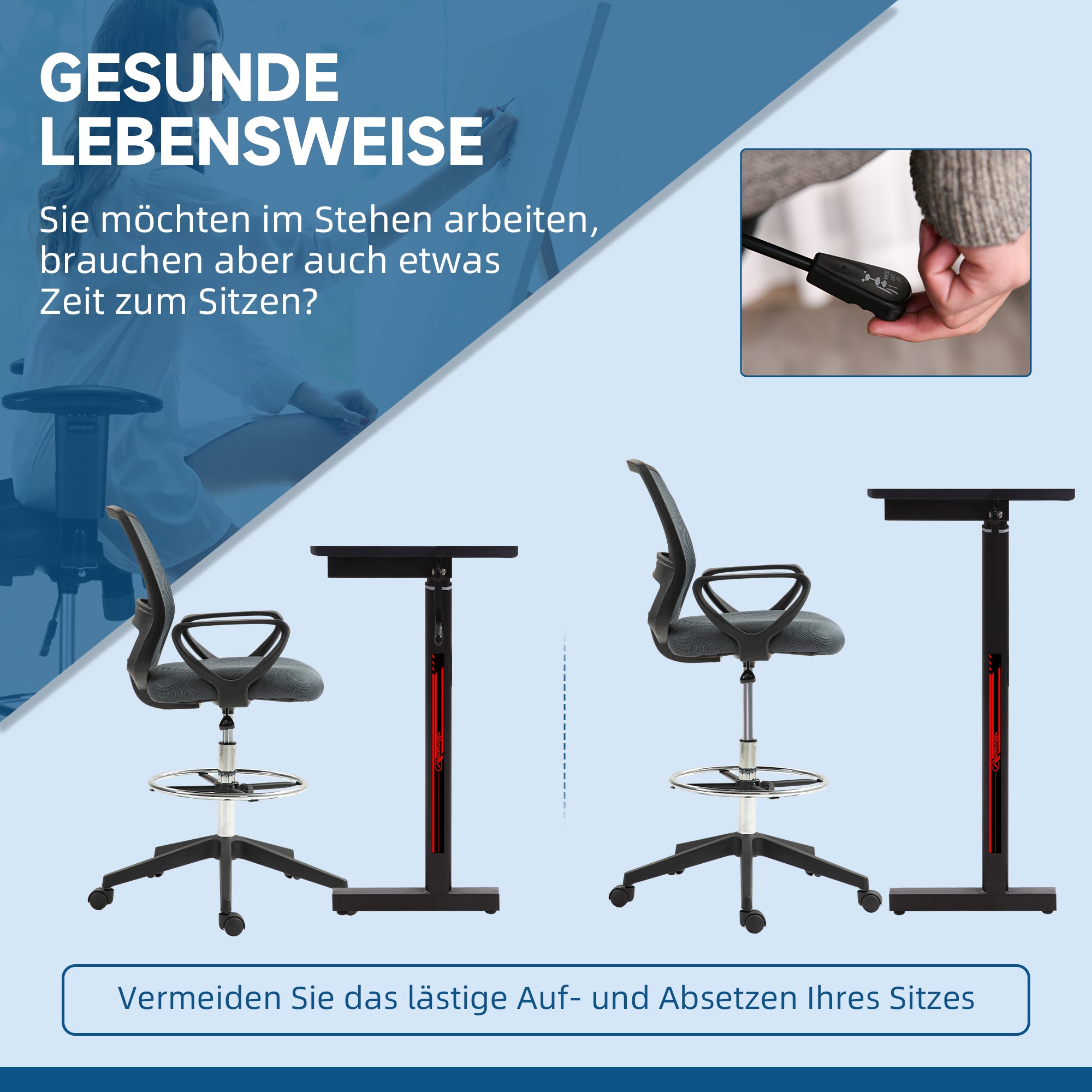 Vinsetto Bürostuhl Ergonomischer Schreibtischstuhl mit Armlehnen und Verstellbarer Fußring Netzbespannung Grau