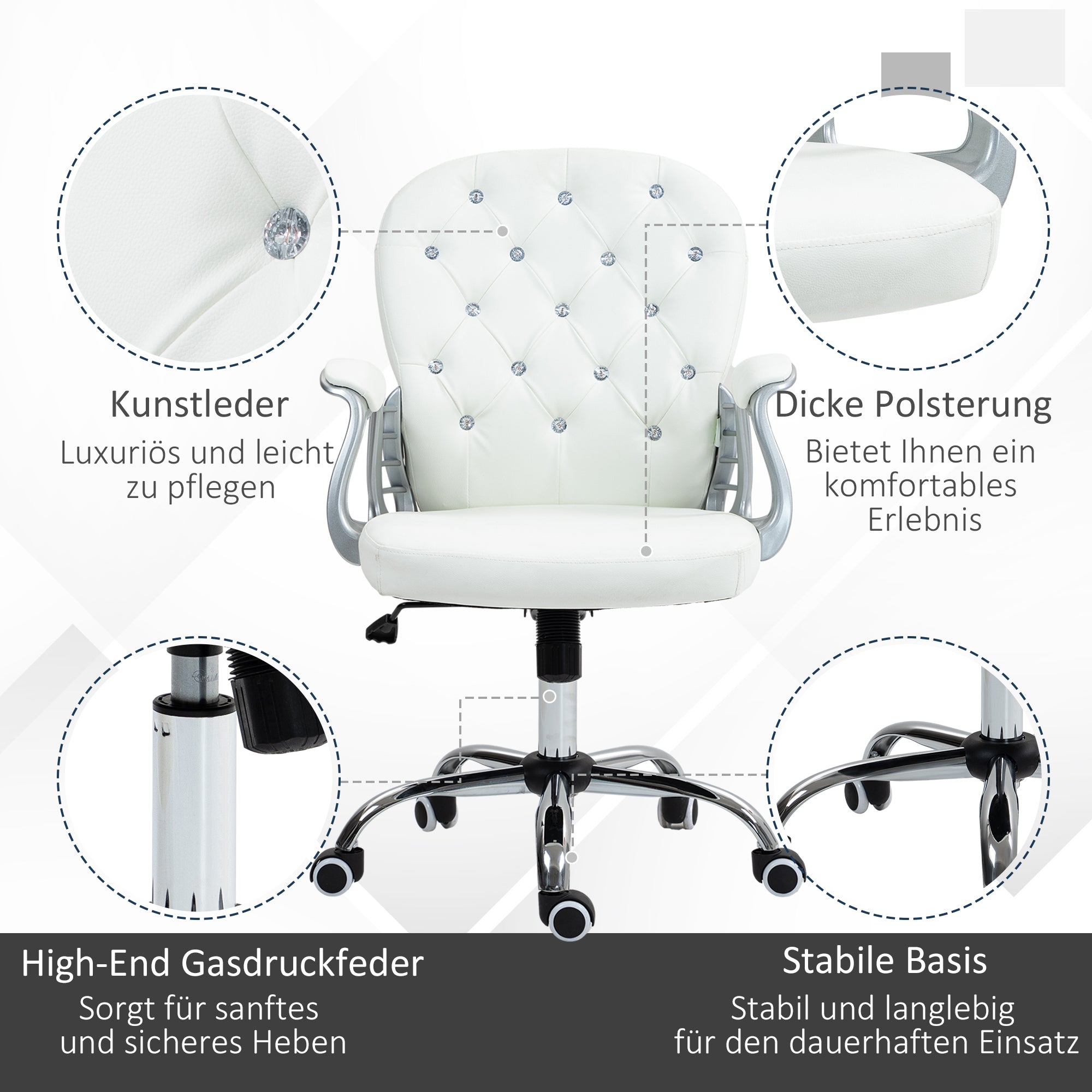 Vinsetto Bürostuhl, Ergonomisch Schreibtischstuhl mit Armlehne, Gepolsterter Rückenlehne Weiß