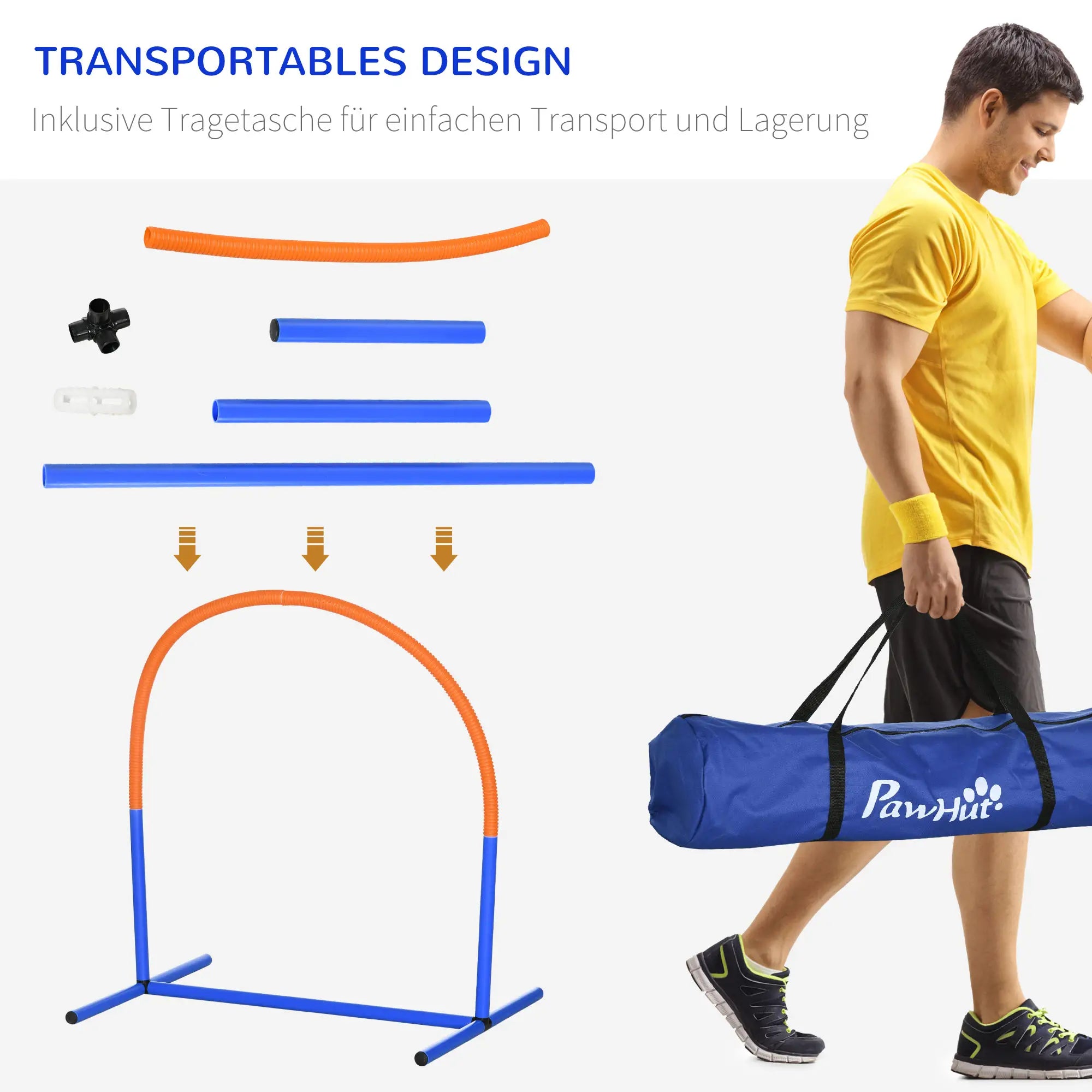 PawHut Agility-Set für Hunde, Hundetraining, 4 Bögen, für Einsteiger, mit Tragetasche, blau+orange, 88 x 64 x 95cm