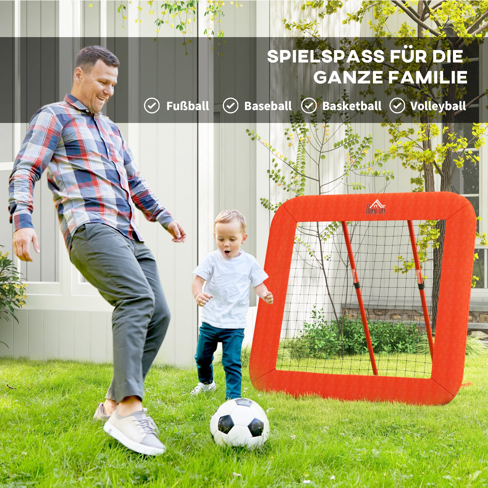 HOMCOM Fußball-Rückprallnetz, verstellbar, faltbar, Metallrahmen, Allwetter-PE-Netz, inkl. Heringe, Rot