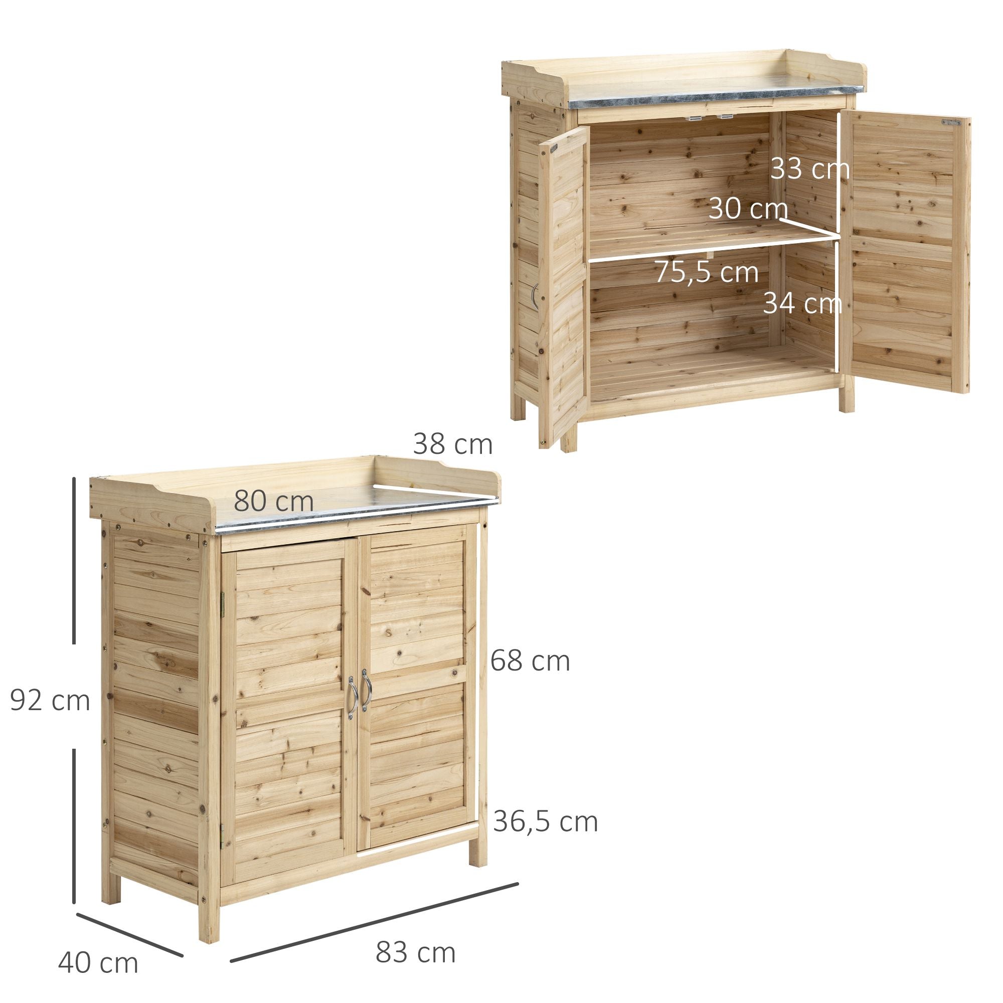 Outsunny Gartenschrank mit 2 Fächern, Metall-Arbeitsplatte mit Aufkantung, Naturholz, 83 x 40 x 92 cm