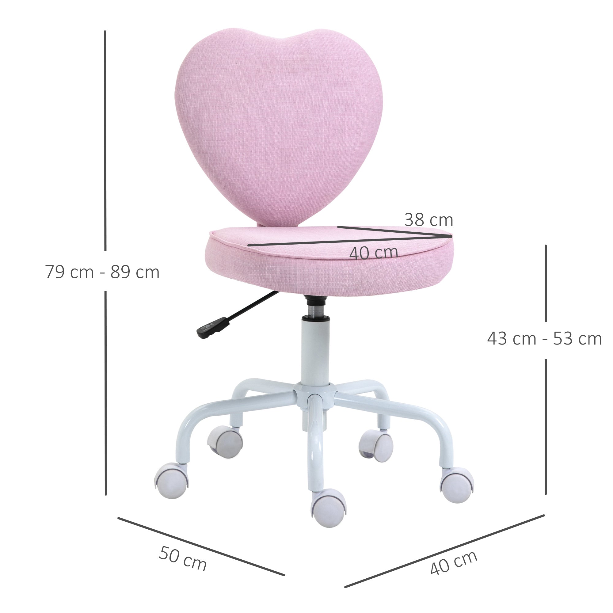 HOMCOM Drehstuhl, niedliches Herz-Design, höhenverstellbar, Stoffbezug in Leinenoptik, rosa, 42 x 50 x 79-89 cm