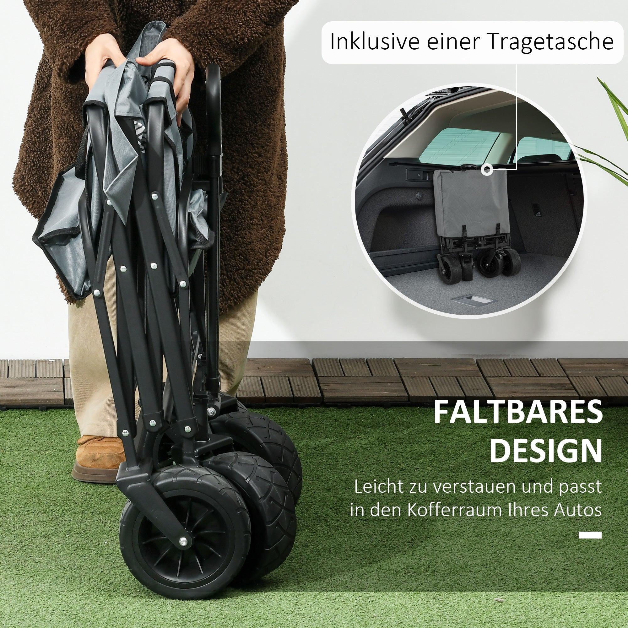 Outsunny Bollerwagen mit Kühltasche, klappbar, Stahlrahmen, bis 100 kg, 113x57x77-100 cm, Dunkelgrau