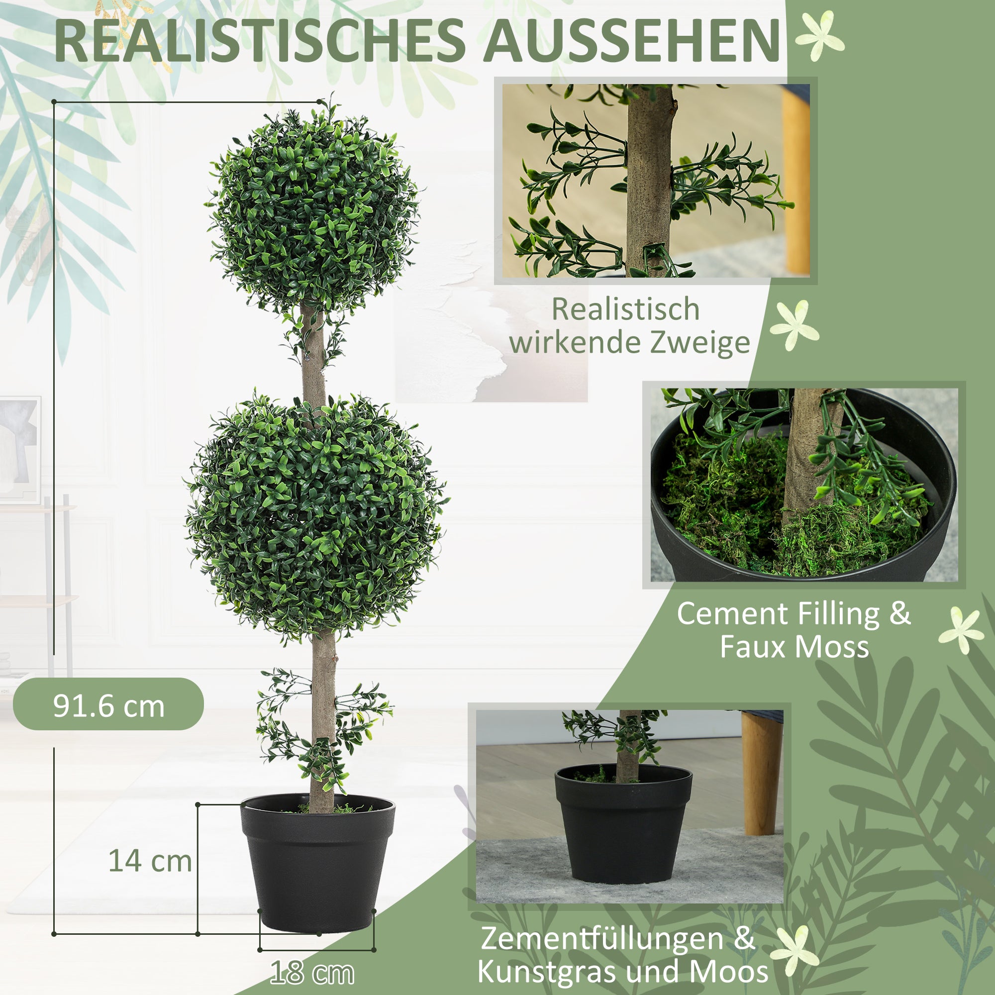 HOMCOM 2er-Set Kunstpflanzen, Künstliche Buchsbaum-Pflanzen, UV-geschützt, mit Topf, Grün