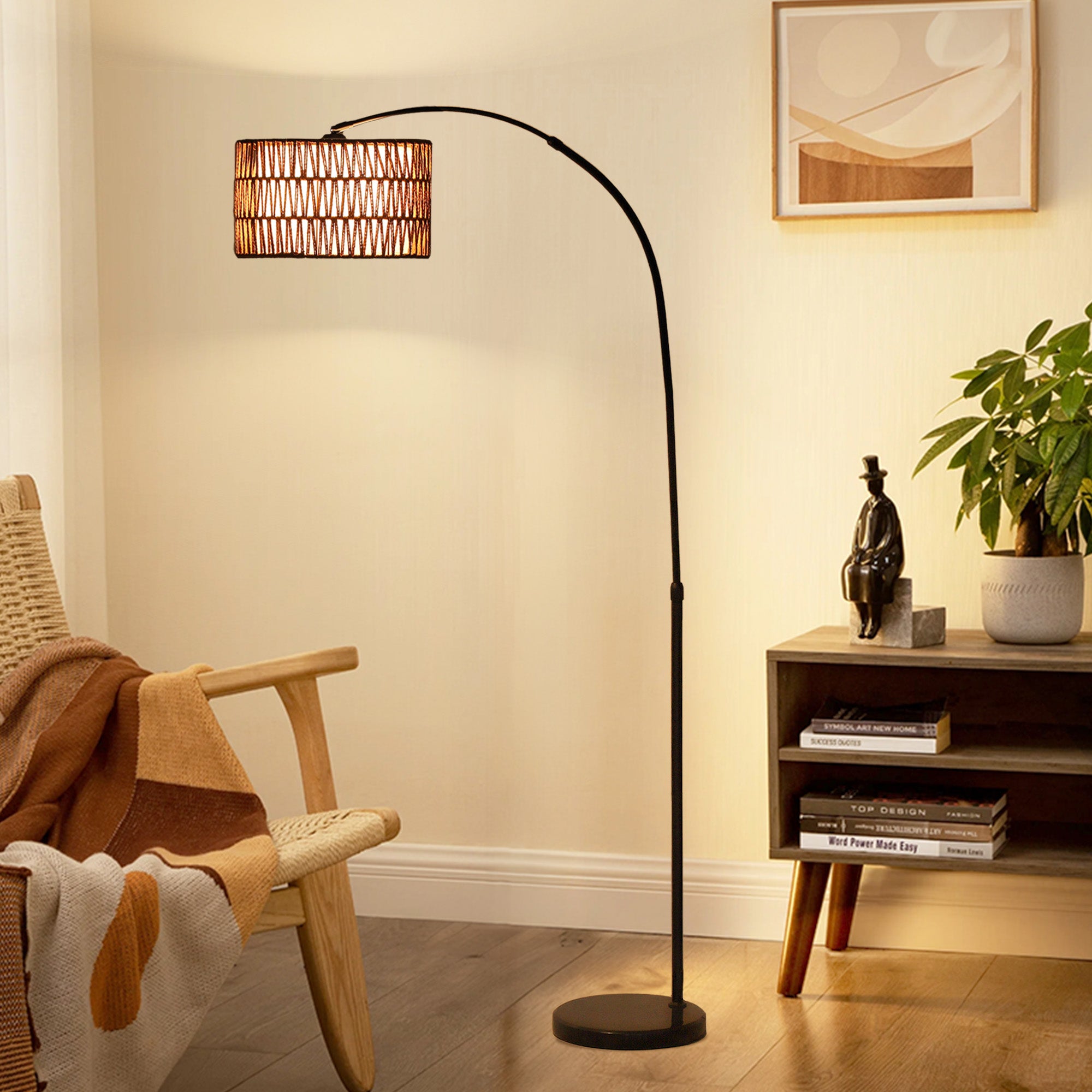 HOMCOM Stehlampe mit Hanfseil-Schirm, höhenverstellbar, Fußschalter, Metall, Schwarz