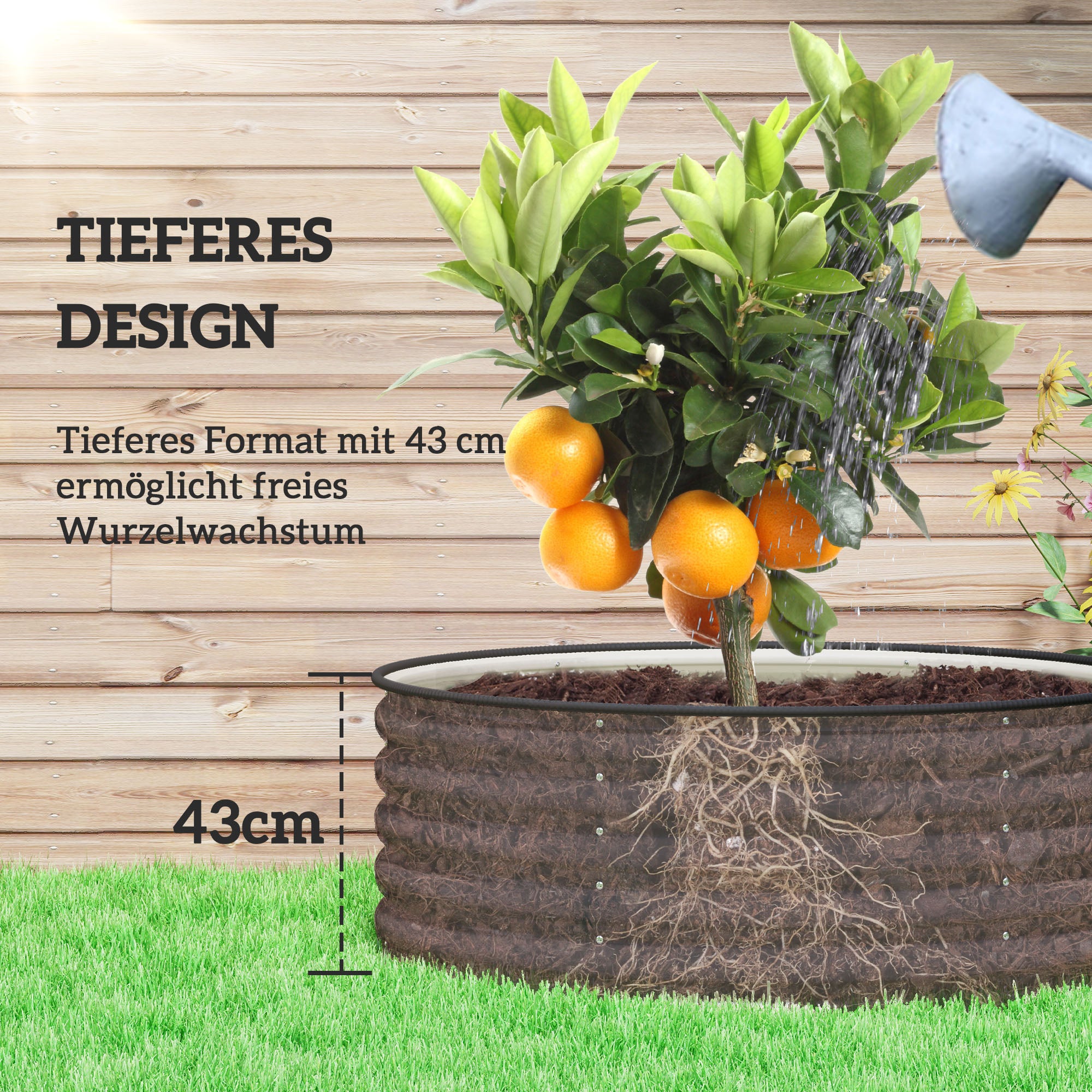 Outsunny Hochbeet, Verzinkter Pflanzkübel mit Sicherheitsrand, Pflanzbox mit offenem Boden, 120 x 120 x 43 cm, Cremeweiß