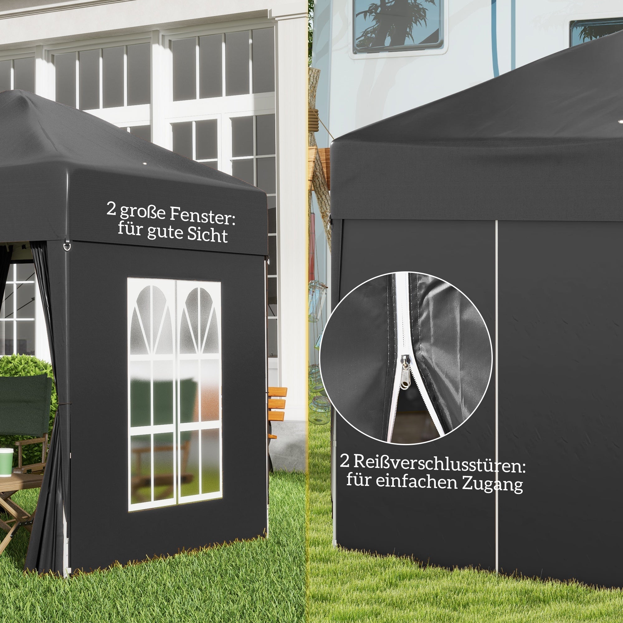 Outsunny Faltpavillon, Bierzelt, 4 abnehmbare Seitenwände, 2 Fenster, Metallrahmen, 2 x 2m, Schwarz