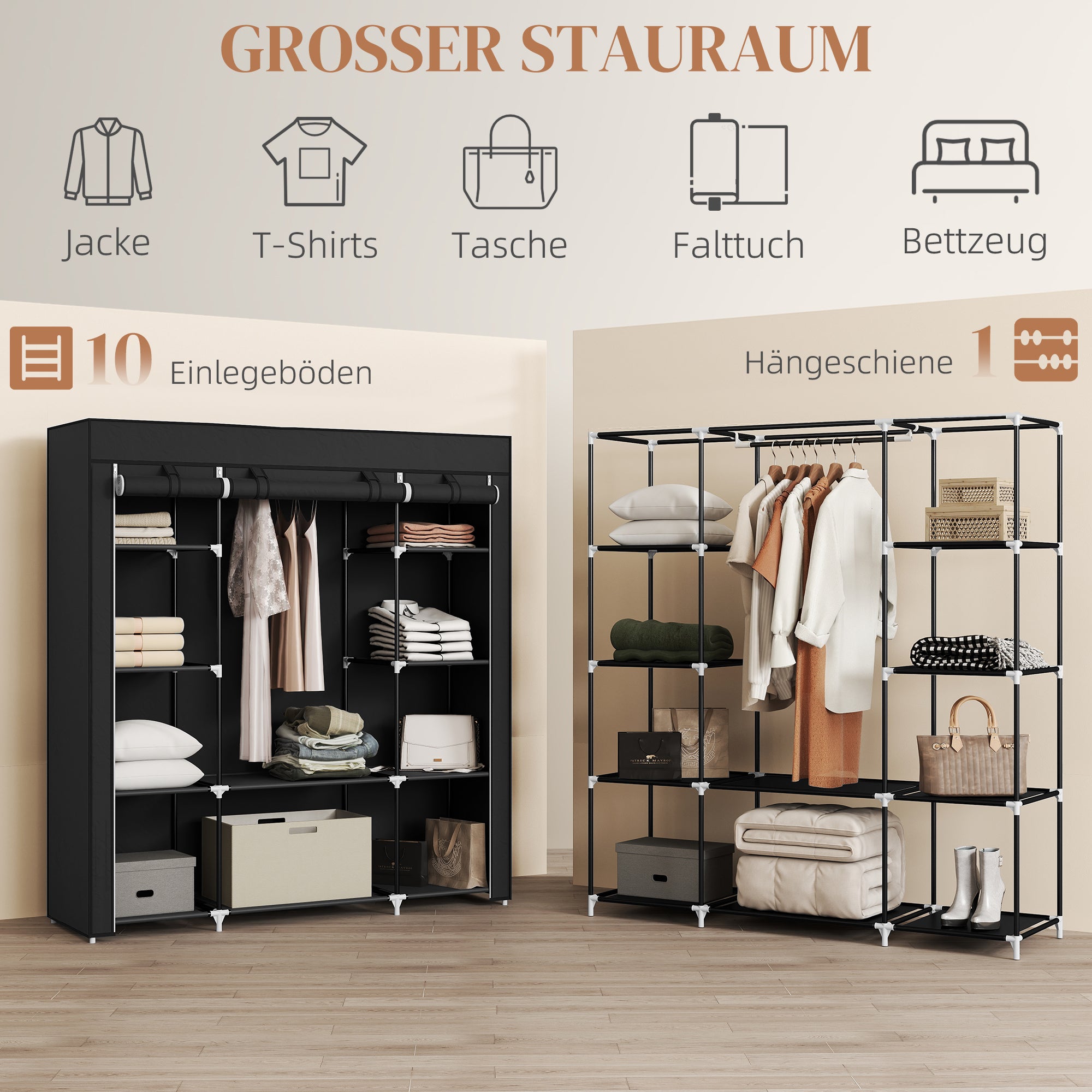 HOMCOM Stoffschrank aus Vlies, Faltschrank, 1 Kleiderstange, 9 Regale, 150 cm x 43 cm x 162,5 cm, Schwarz