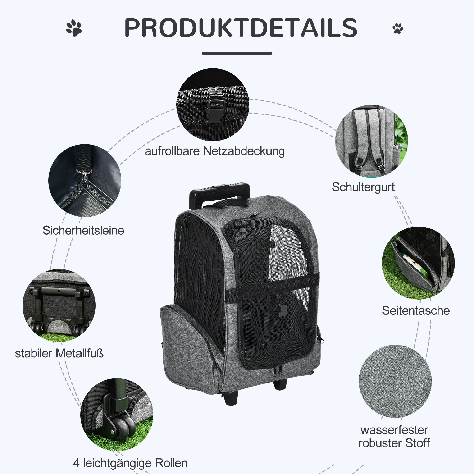 Pawhut Hundetransporttasche, Haustierrucksack, 2-in-1-Design, ausziehbarer Griff, Seitentaschen, Grau, 42 x 25 x 55cm
