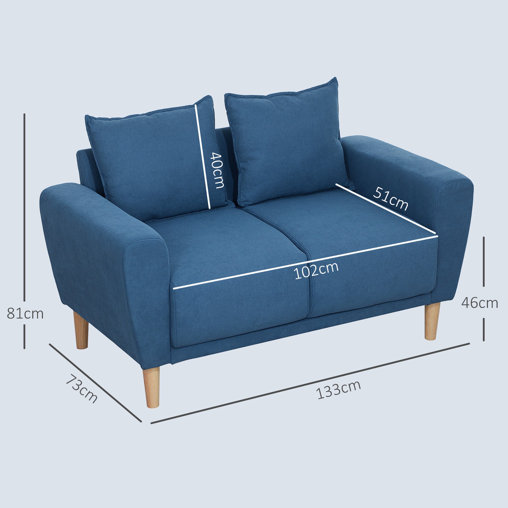 HOMCOM Zweisitzer-Sofa, moderne Stoffcouch, 2 Rückenkissen, Eukalyptus-Holzrahmen, 133 x 73 x 81 cm, Blau