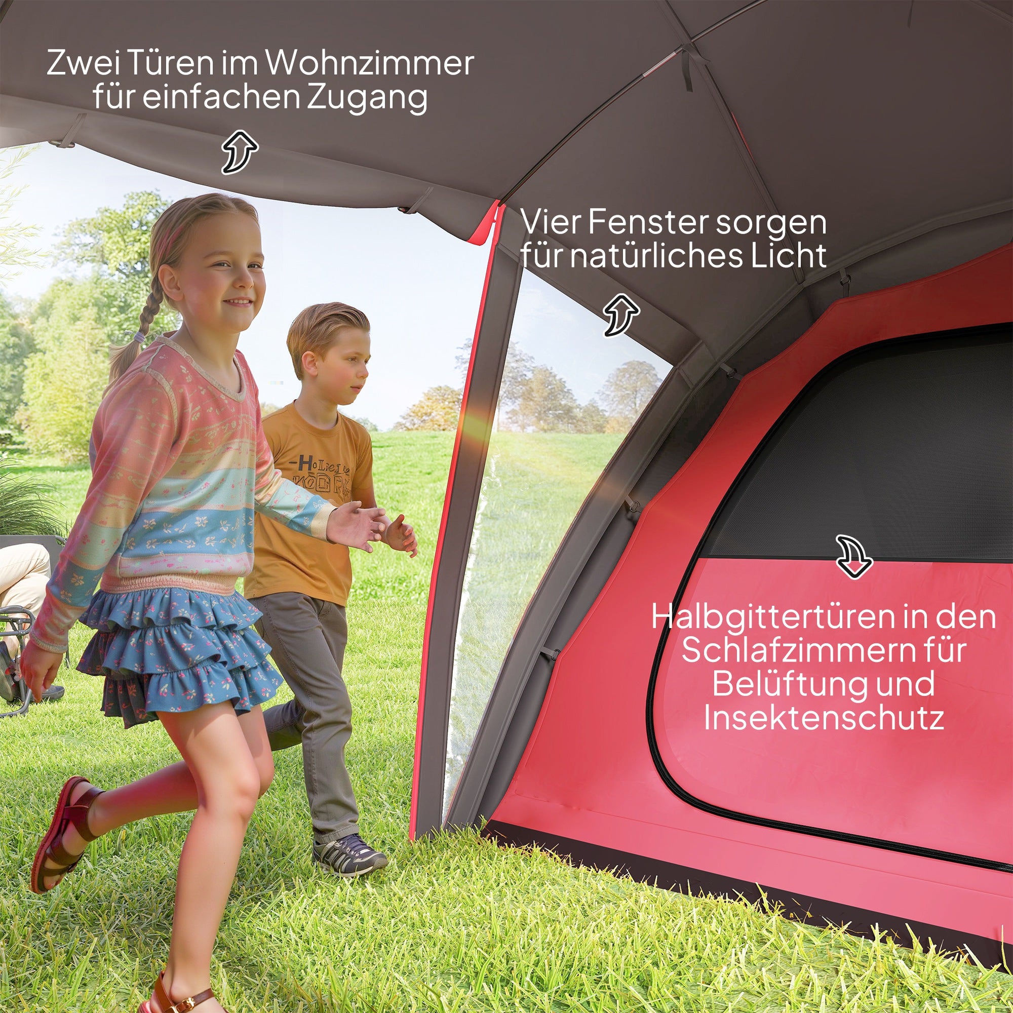 Outsunny Tunnelzelt, Campingzelt für 4-6 Personen, mit 3 Räumen, Lichthaken Doppeltüren Grau