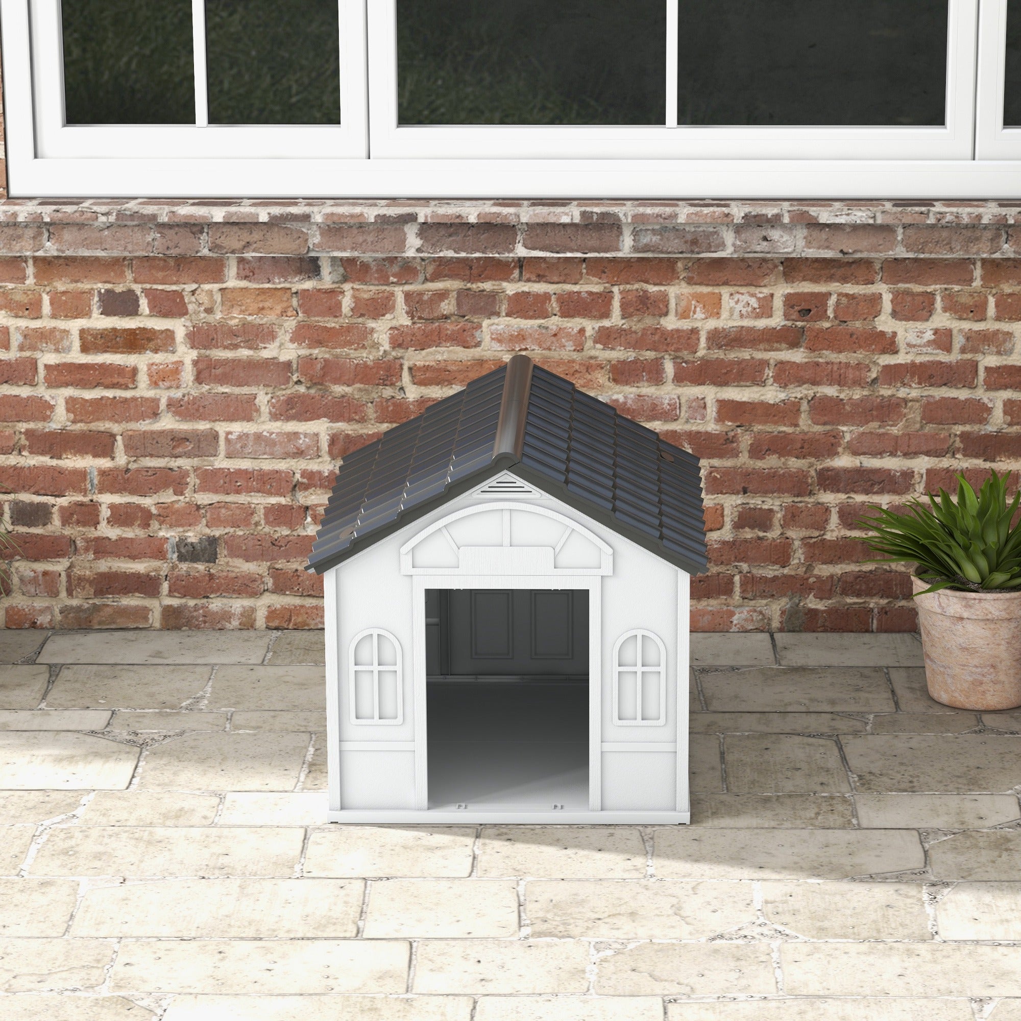 PawHut Hundehütte mit Satteldach, wetterfest, Kunststoff, 65 x 75,7 x 63 cm, Grau