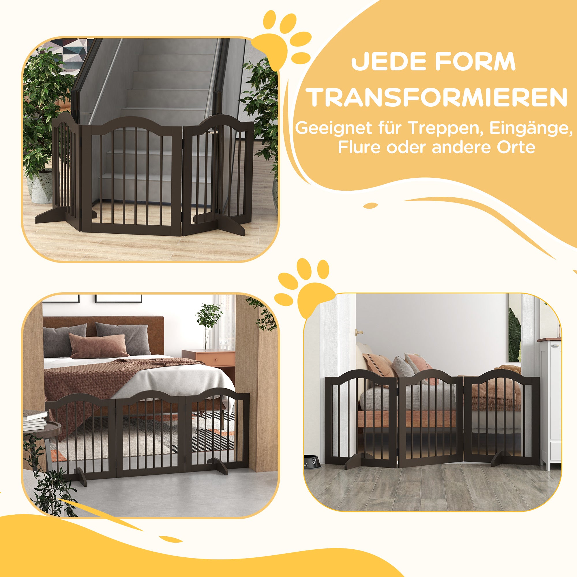 PawHut Hunde-Absperrgitter, 3 Paneele, klappbar, Massivholz und MDF, 154,5 x 29,5 x 61 cm, Kaffee