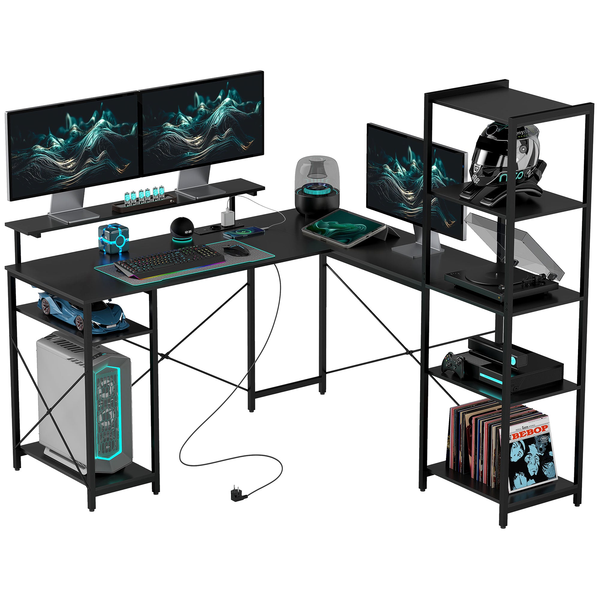 HOMCOM L-förmiger Schreibtisch mit Ladestation, Eck-Computertisch mit Monitorständer und Regalen, für Homeoffice, Büro, Schwarz
