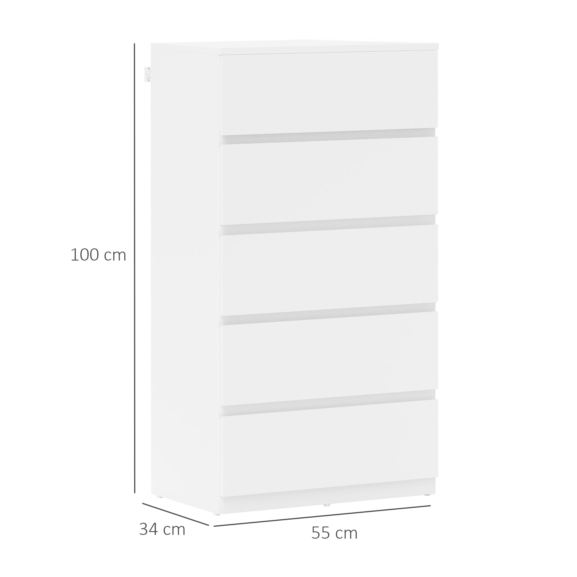 HOMCOM Kommode Sideboard Schubladenkommode, 5 Schubladen, 55 cm x 34 cm x 100 cm, Weiß