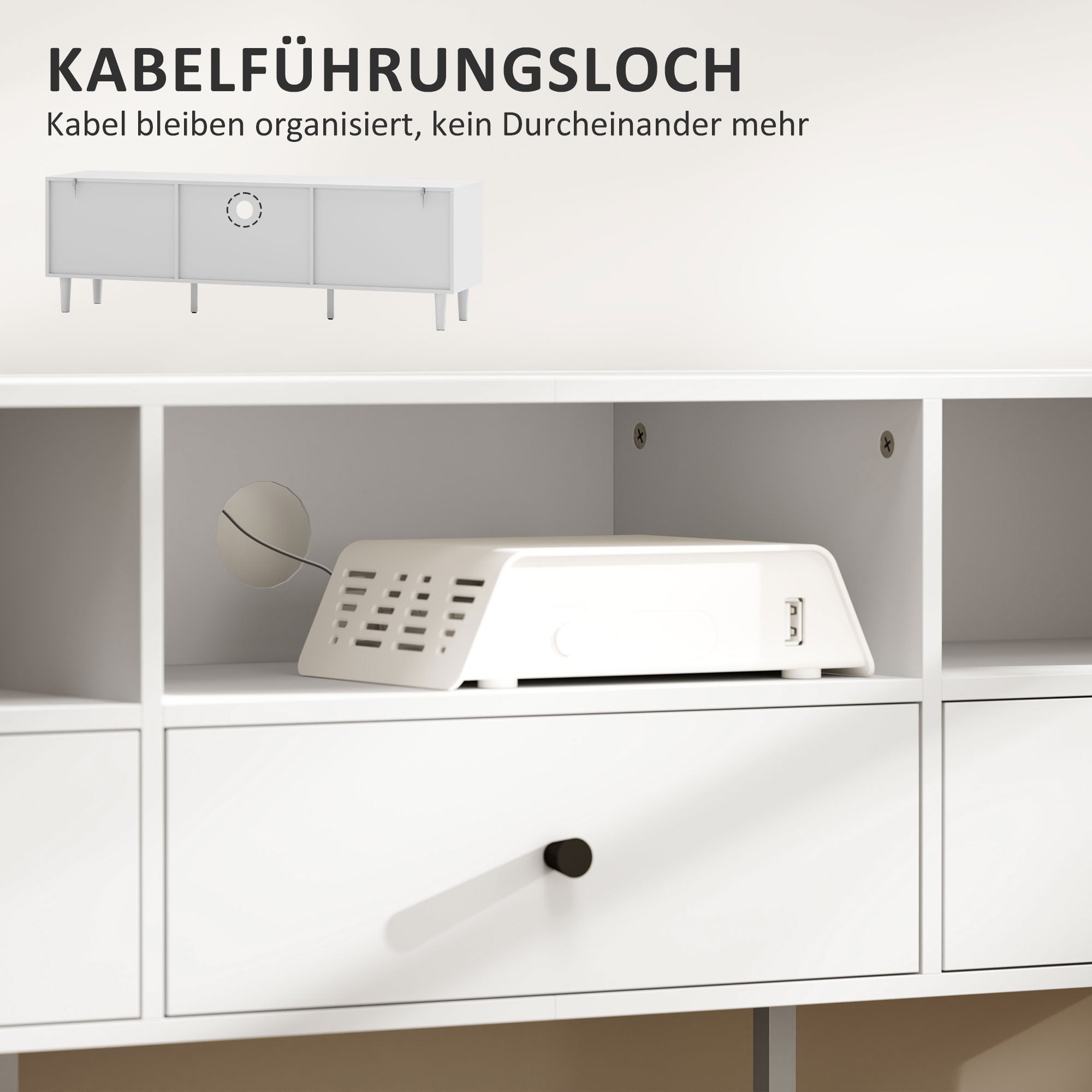 HOMCOM TV-Kommode, TV-Ständer für 75-Zoll-Bildschirme, 3 offene Fächer, 3 Schubladen, Spanplatte, Weiß