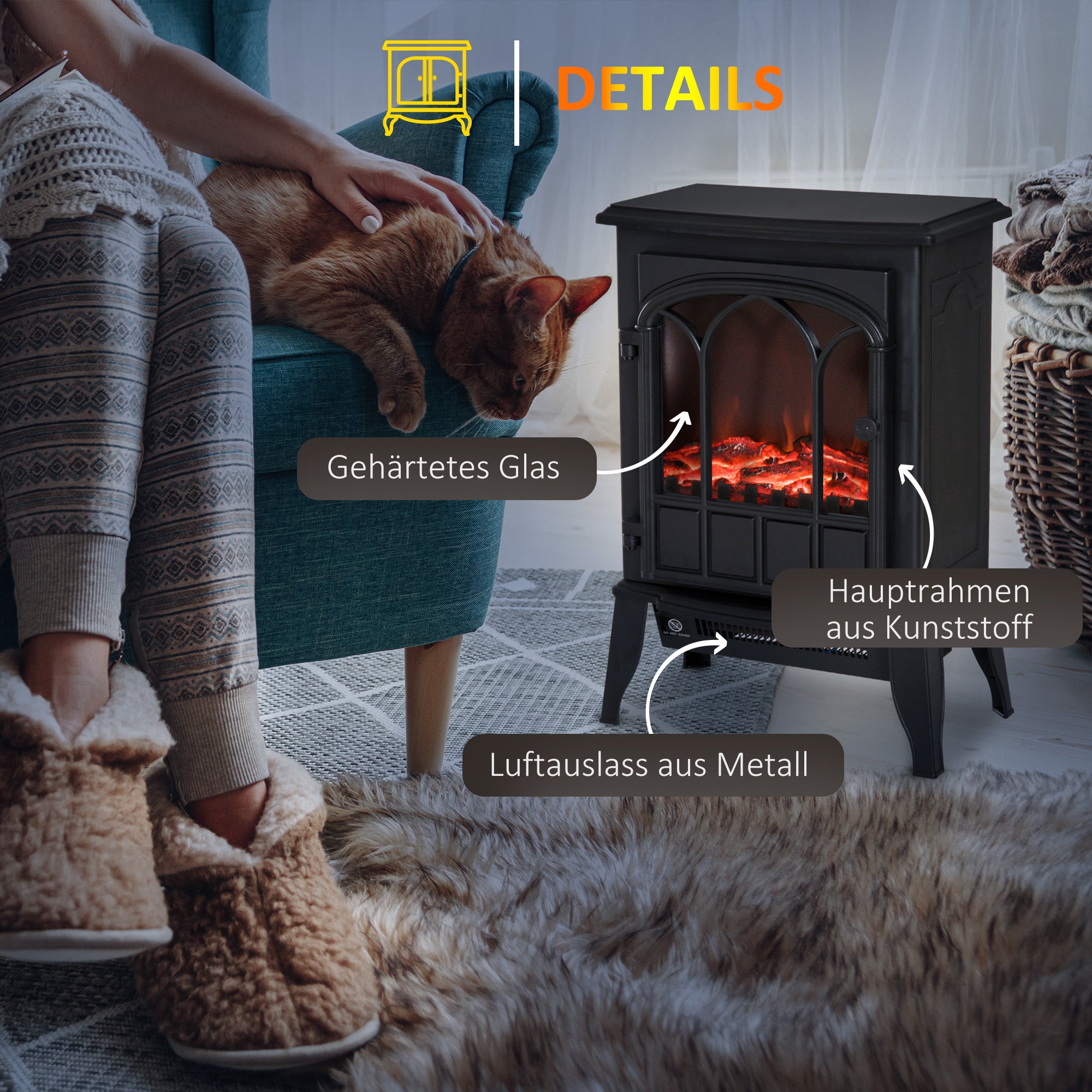 HOMCOM Elektrokamin, LED-Flammen, 1000/2000 W, regelbare Temperatur & Helligkeit, Metall, 39 x 23 x 56,5 cm