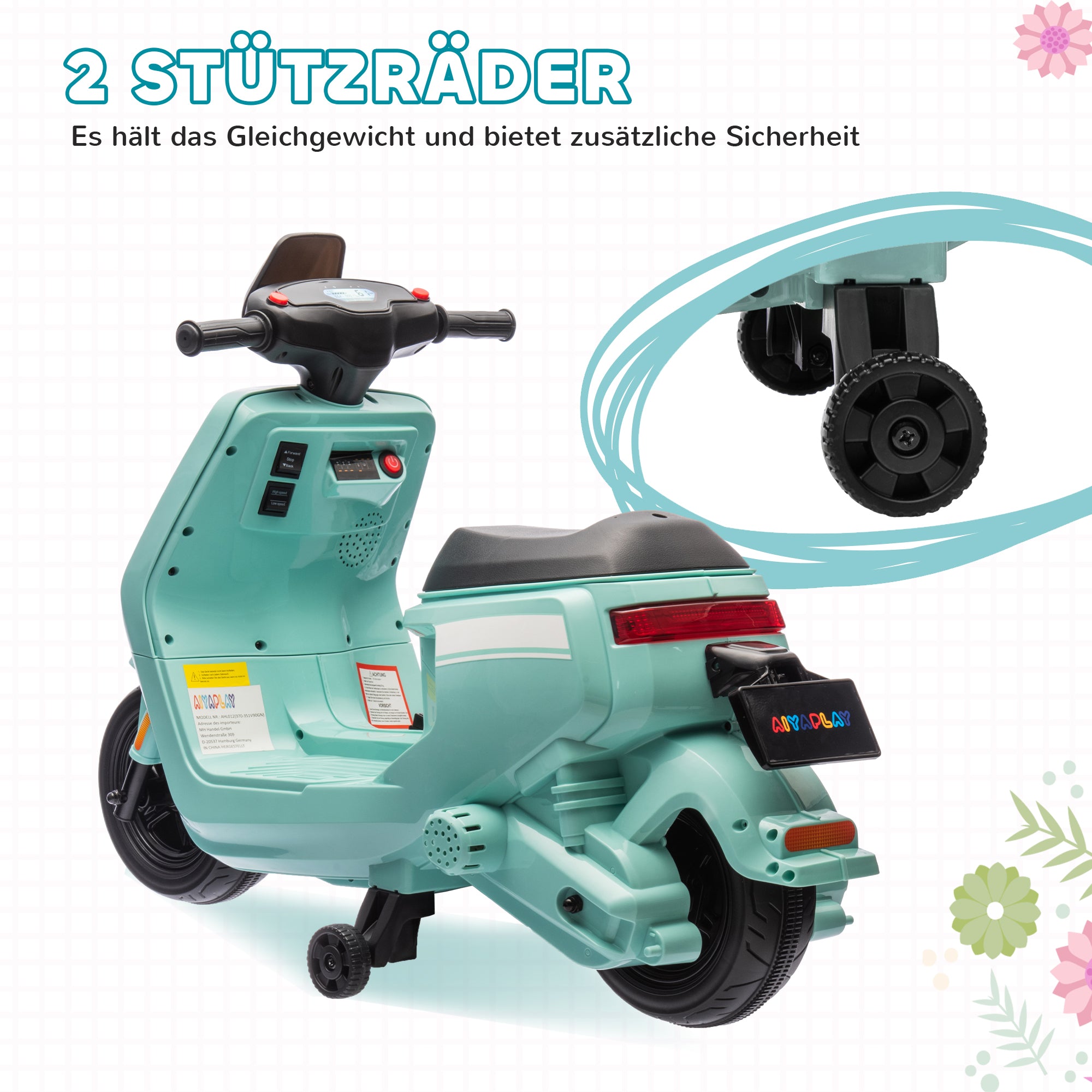 AIYAPLAY 6V Elektro-Motorrad für Kinder, mit Scheinwerfer und Musik, Vor- und Rückwärtsgang, Trainingsräder, 18-36 Monate, Grün