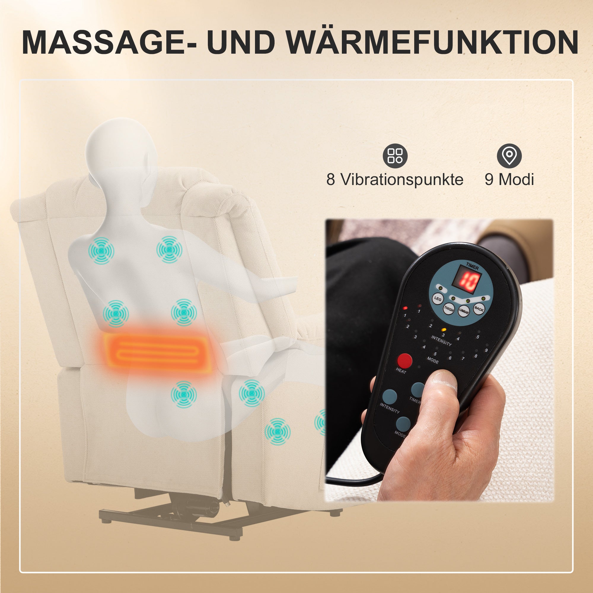 HOMCOM Powerlift-Sessel, Massagesessel mit Wärmefunktion, Polstersessel mit Fußstütze, Seitentasche, Stoffbezug, Beige