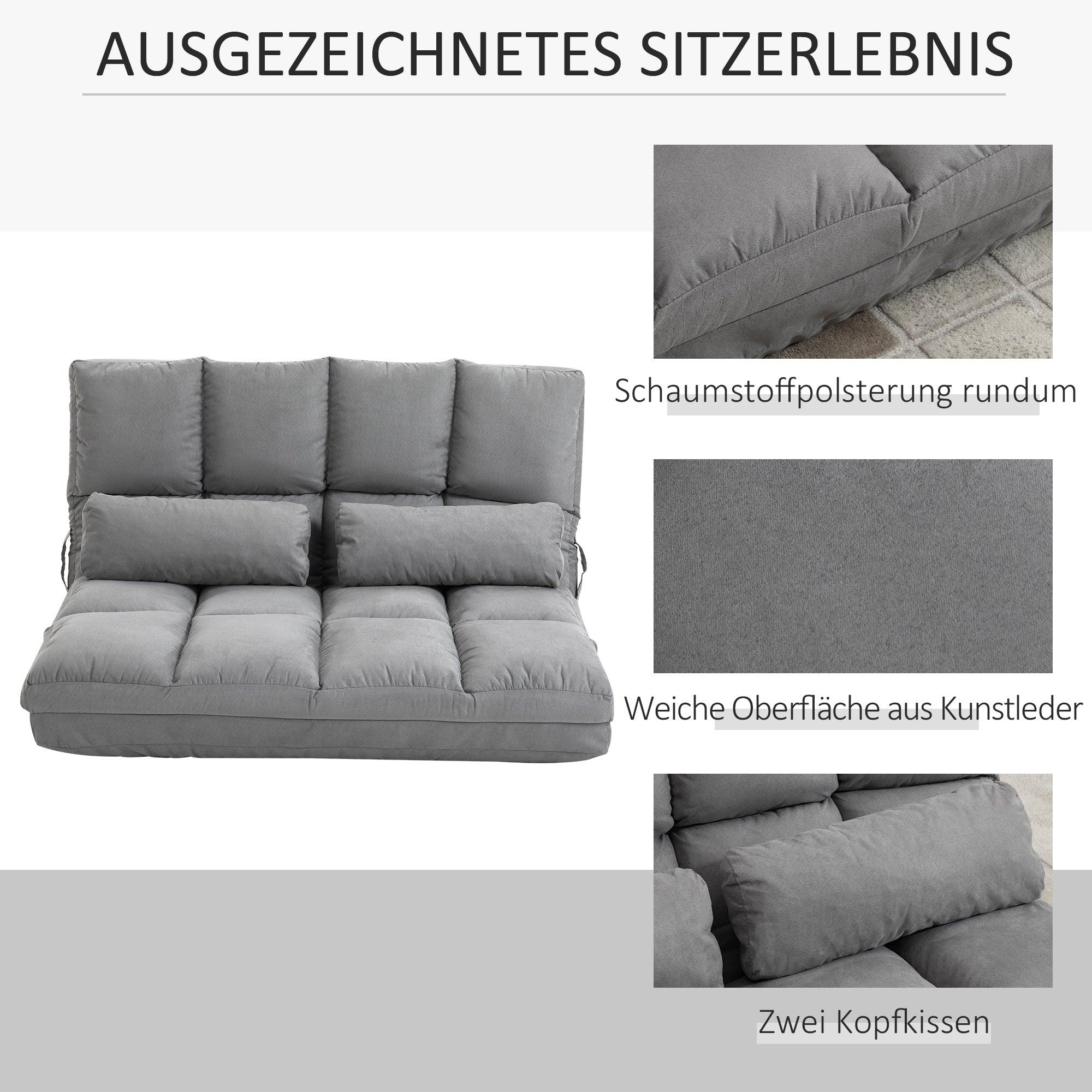 HOMCOM Bodenstuhl 2-in-1 Bodensessel Bett mit Rückenlehne 3 Positionen Verstellbare Sitzkissen Grau Samt Metall 102 x 73 x 60 cm