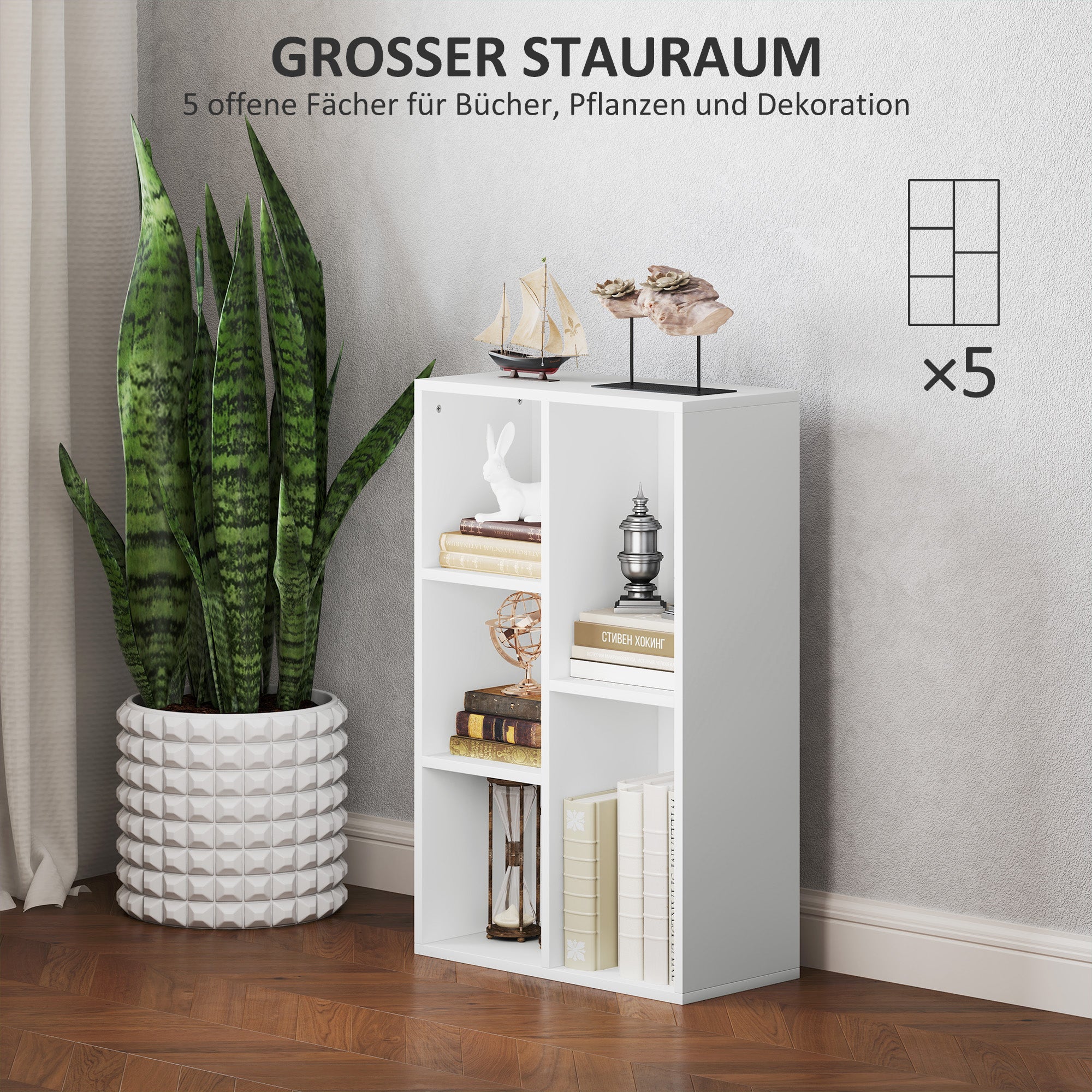 HOMCOM 2-Ebenen-Bücherregal, 5 Fächer, Spanplatte, Aufbewahrungsregal, Weiß