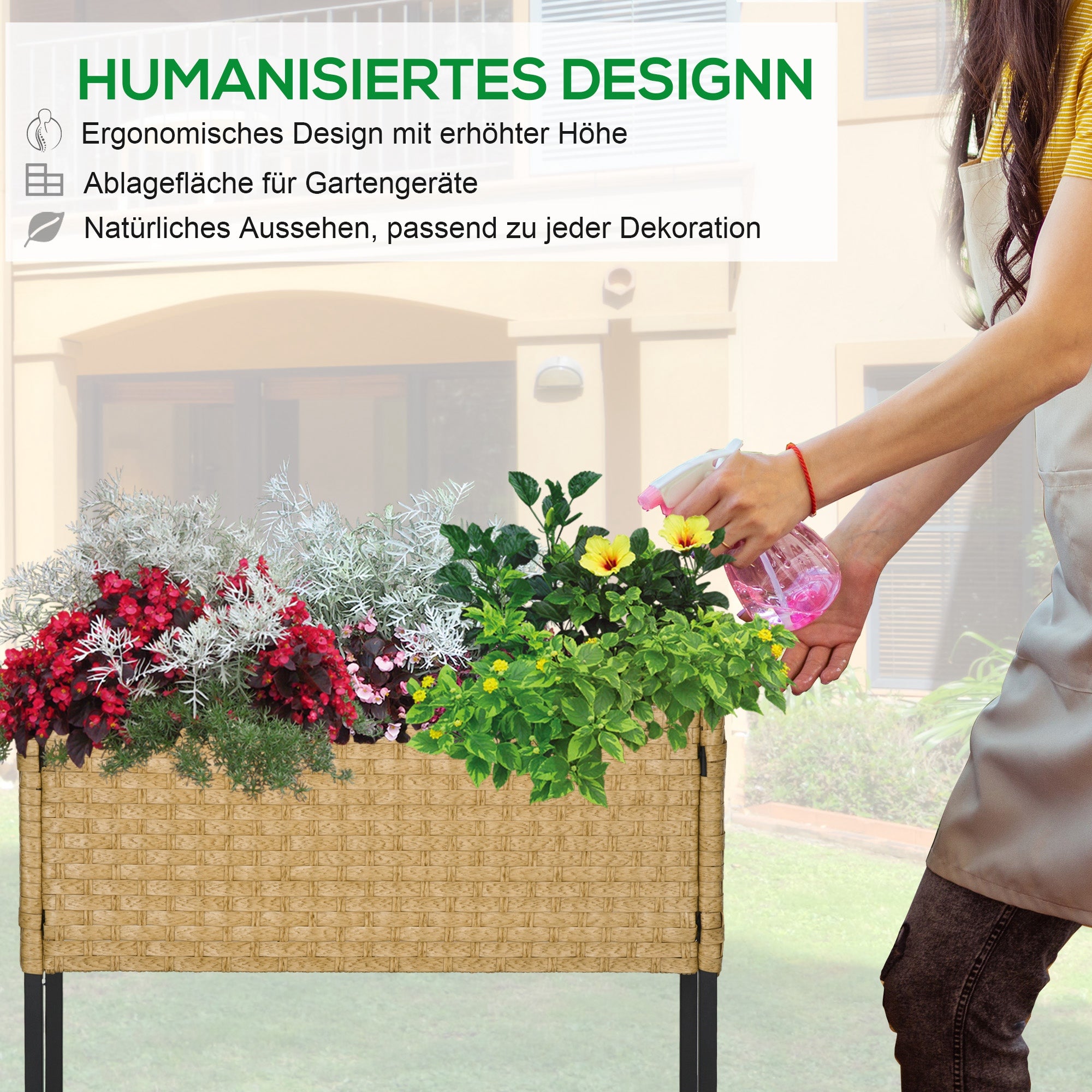 Outsunny Hochbeet, Blumenkasten, tiefe Ablage, Metallrahmen/Polyrattan, 70 x 30 x 72 cm, Sandfarben