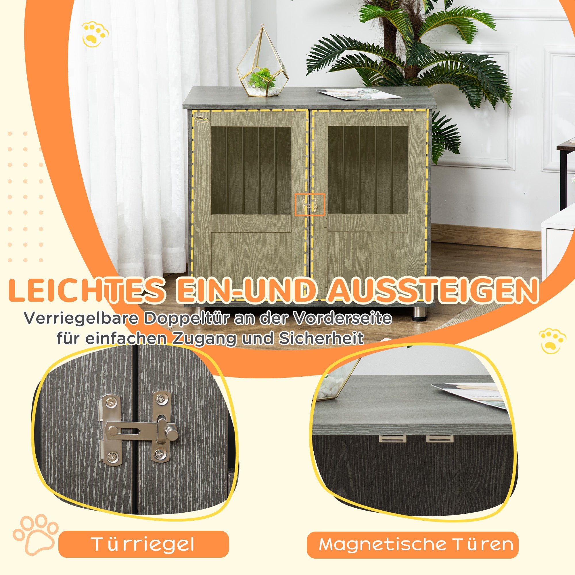 PawHut Hundebox, Haustierbox, Hundehütte mit Schloss, Magnettür, Hundehaus mit Fenster, für große Hunde, 85 x 55 x 75 cm, Grau