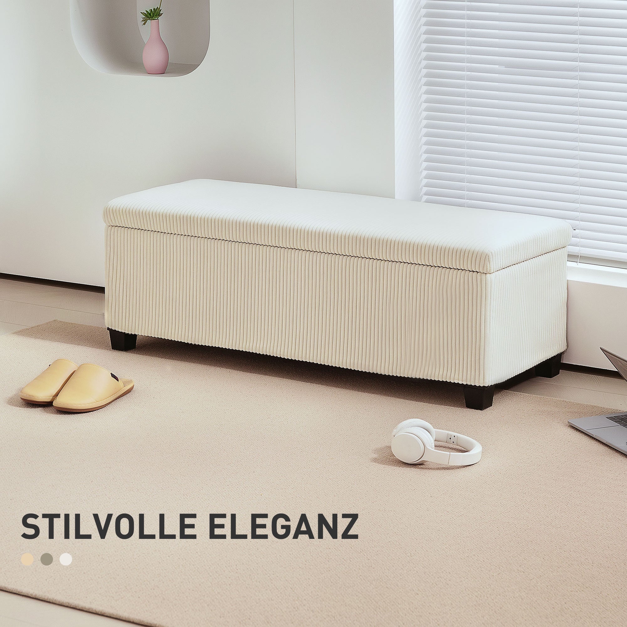 HOMCOM Sitzbank mit Stauraum, Aufbewahrungsbank, Cord-Design, Stahlrahmen, Beige