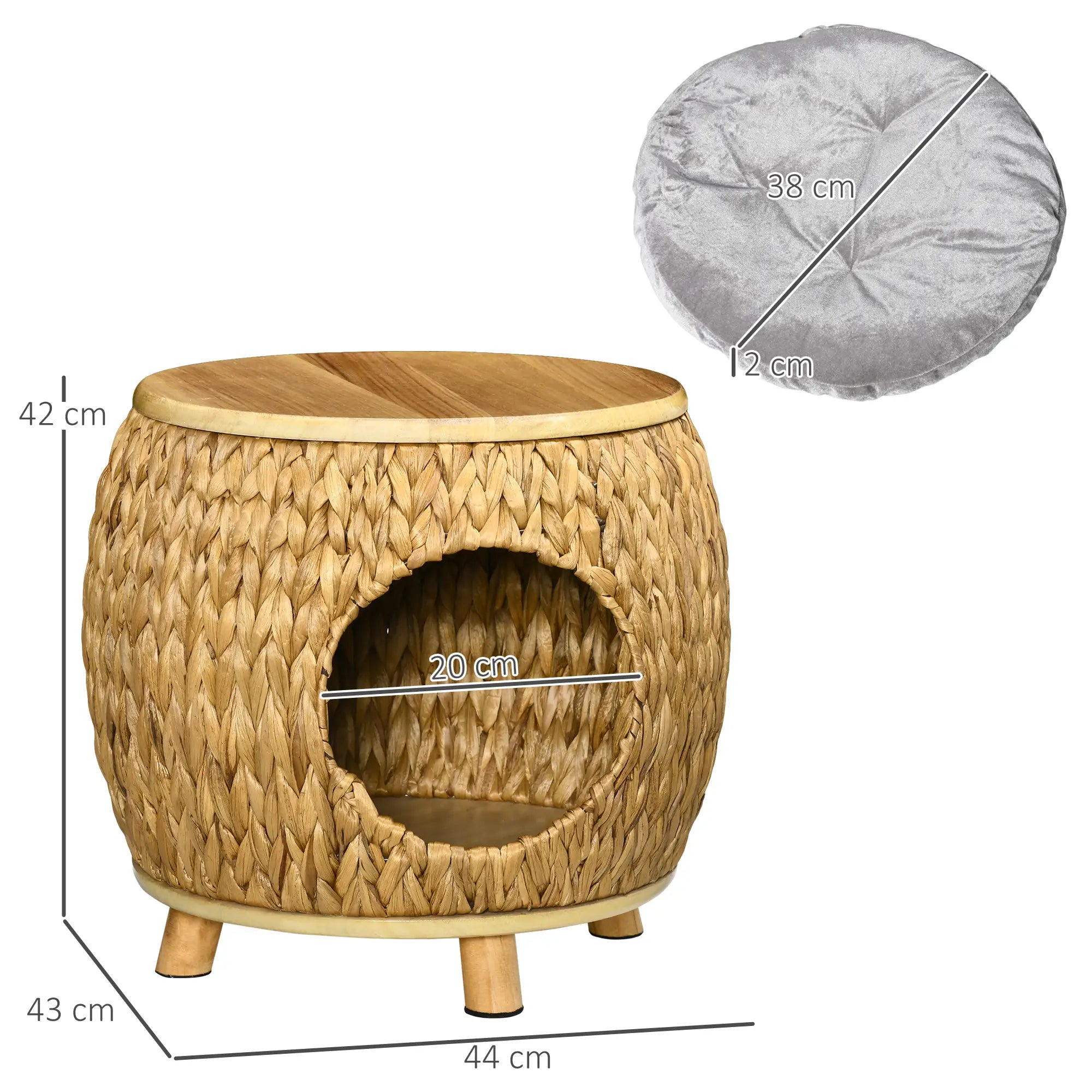 Pawhut Katzenhöhle aus Wasserhyazinthengras, waschbares Kissen,  44 cm x 43 cm x 42 cm  Hellbraun+Naturholz+Grau