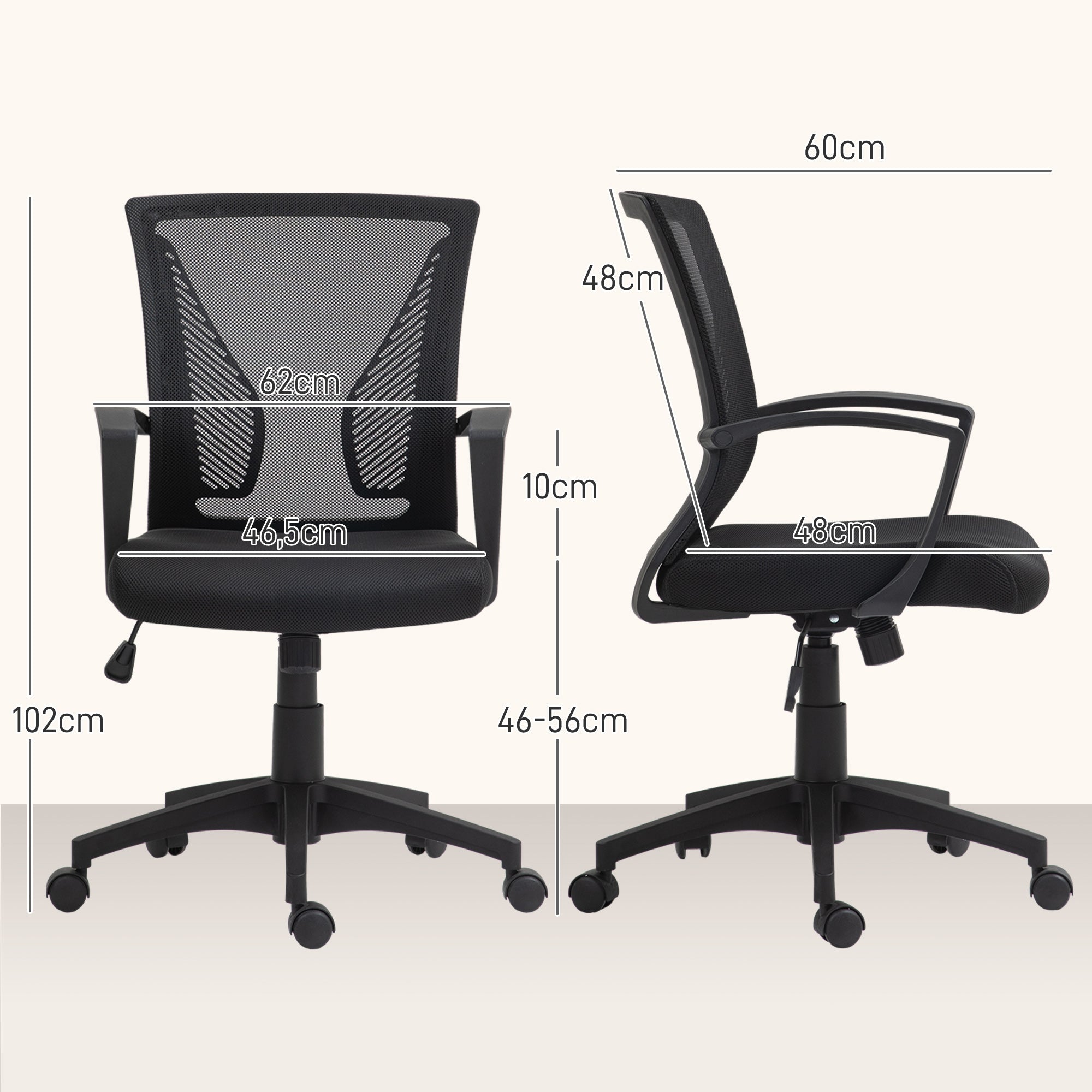 HOMCOM Bürostuhl mit Mesh-Rückenlehne, höhenverstellbar, bis 120 kg, Schwarz