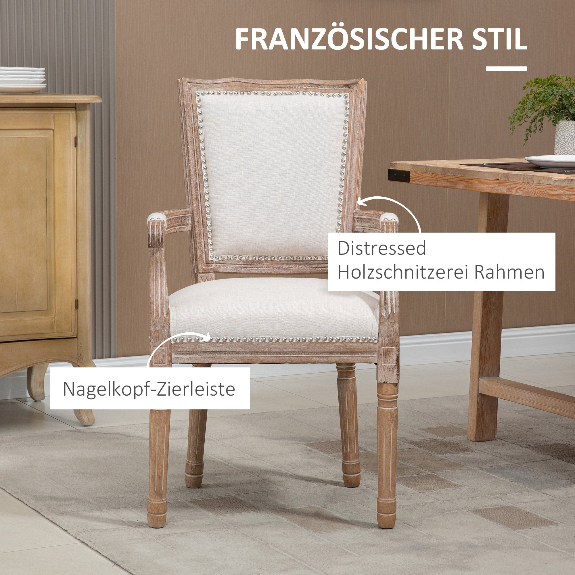 HOMCOM Esszimmerstuhl, Küchenstuhl, Nietendekor, französischer Landhausstil, Kautschukholz, Cremeweiß, 59 x 63,5 x 96cm