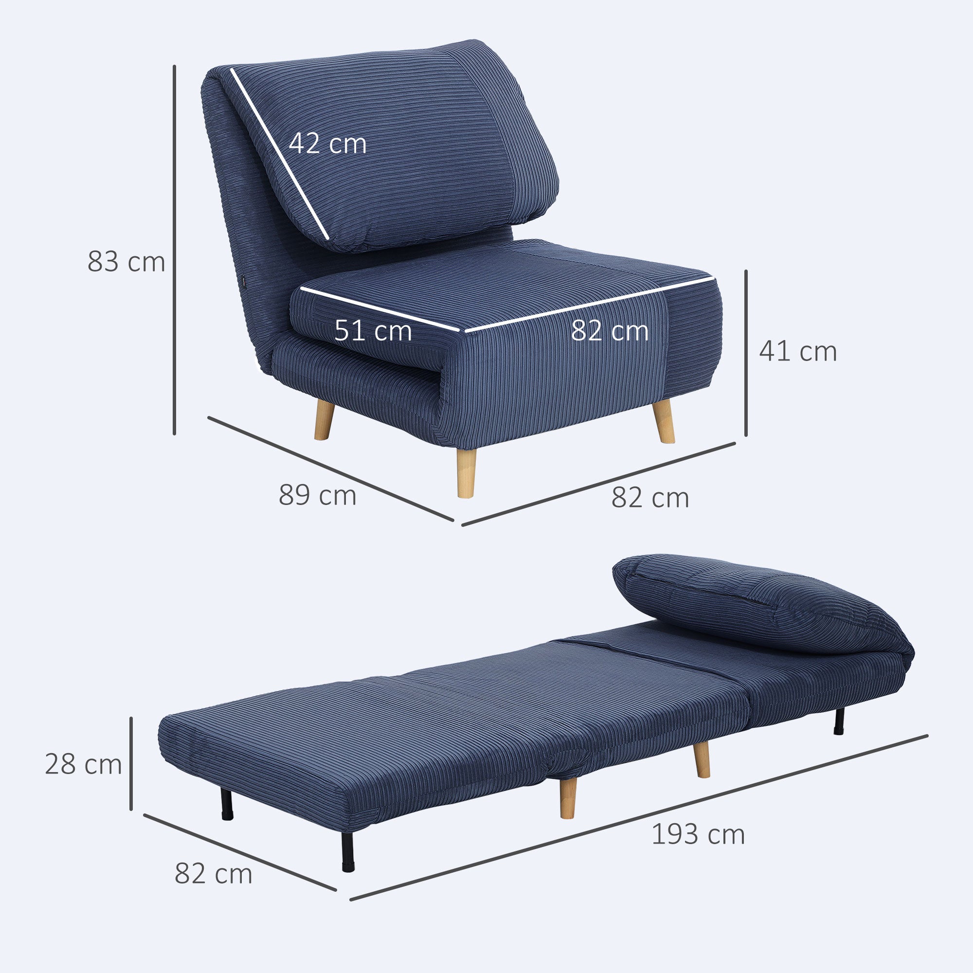HOMCOM 2-in-1 Schlafsessel Gästebett, verstellbare  Kopfstütze Cord-Optik 82 cm x 8 cm x 83 cm Blau