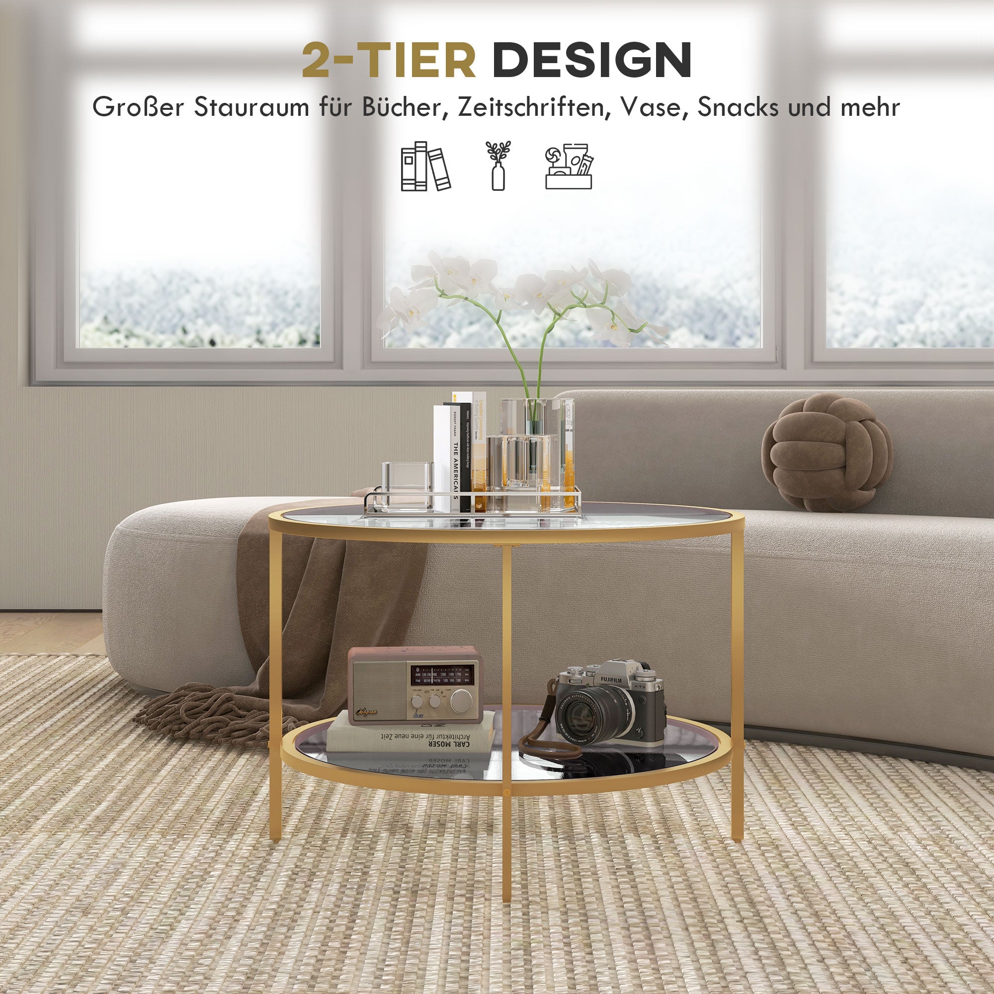 HOMCOM Beistelltisch, modernes Design, 2 Etagen, Ø60x43H cm, Goldton