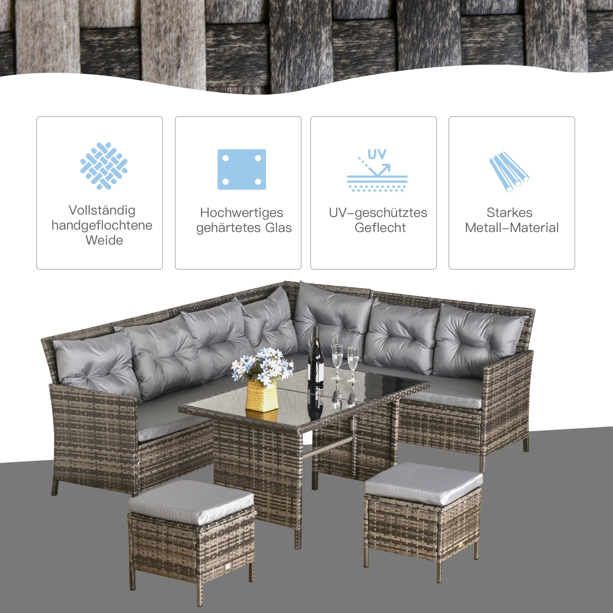 Outsunny Gartenmöbel-Set aus PE-Rattan, für 5 Personen, Rattan-Lounge-Set, abnehmbare Polster, Grau + Braun