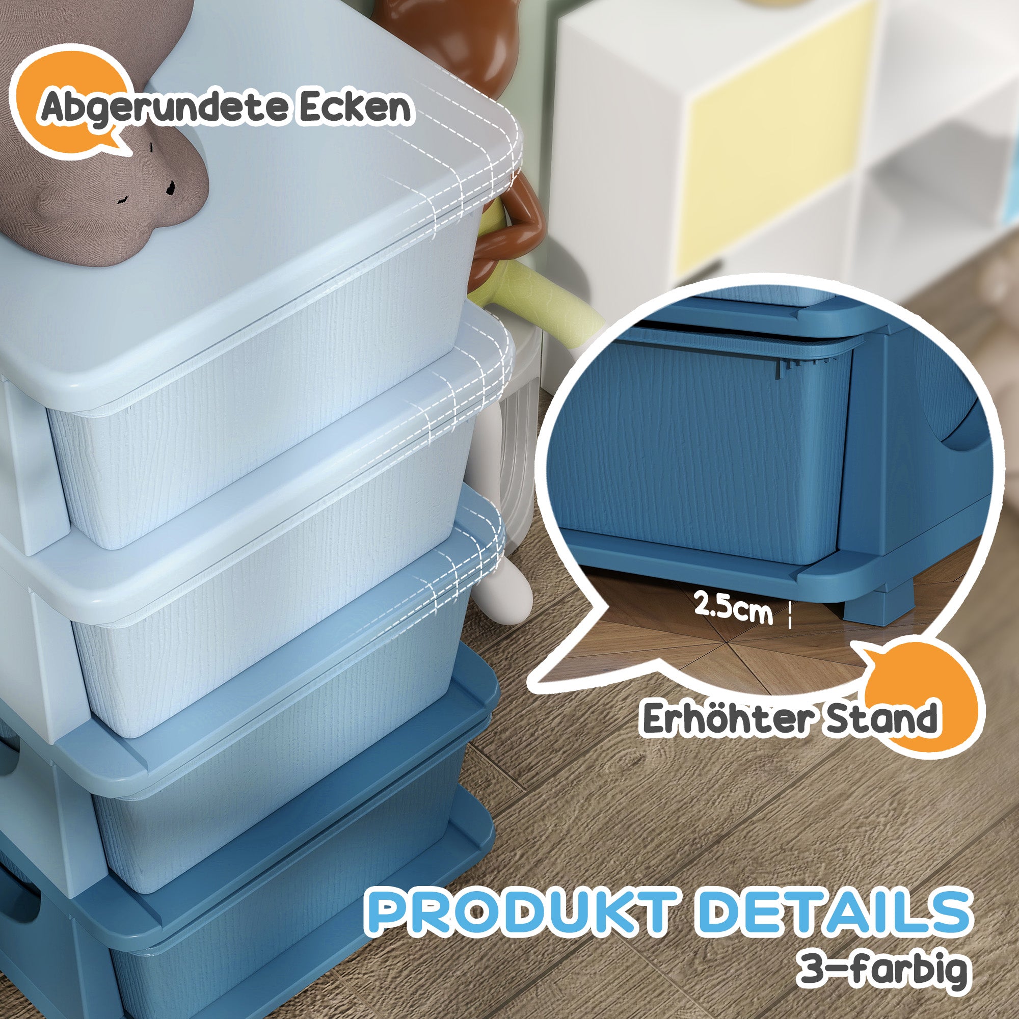 HOMCOM Aufbewahrungsboxen für Kinder, 4 Schubladen, abgerundete Kanten, erhöhtes Design, Kunststoff, Blau
