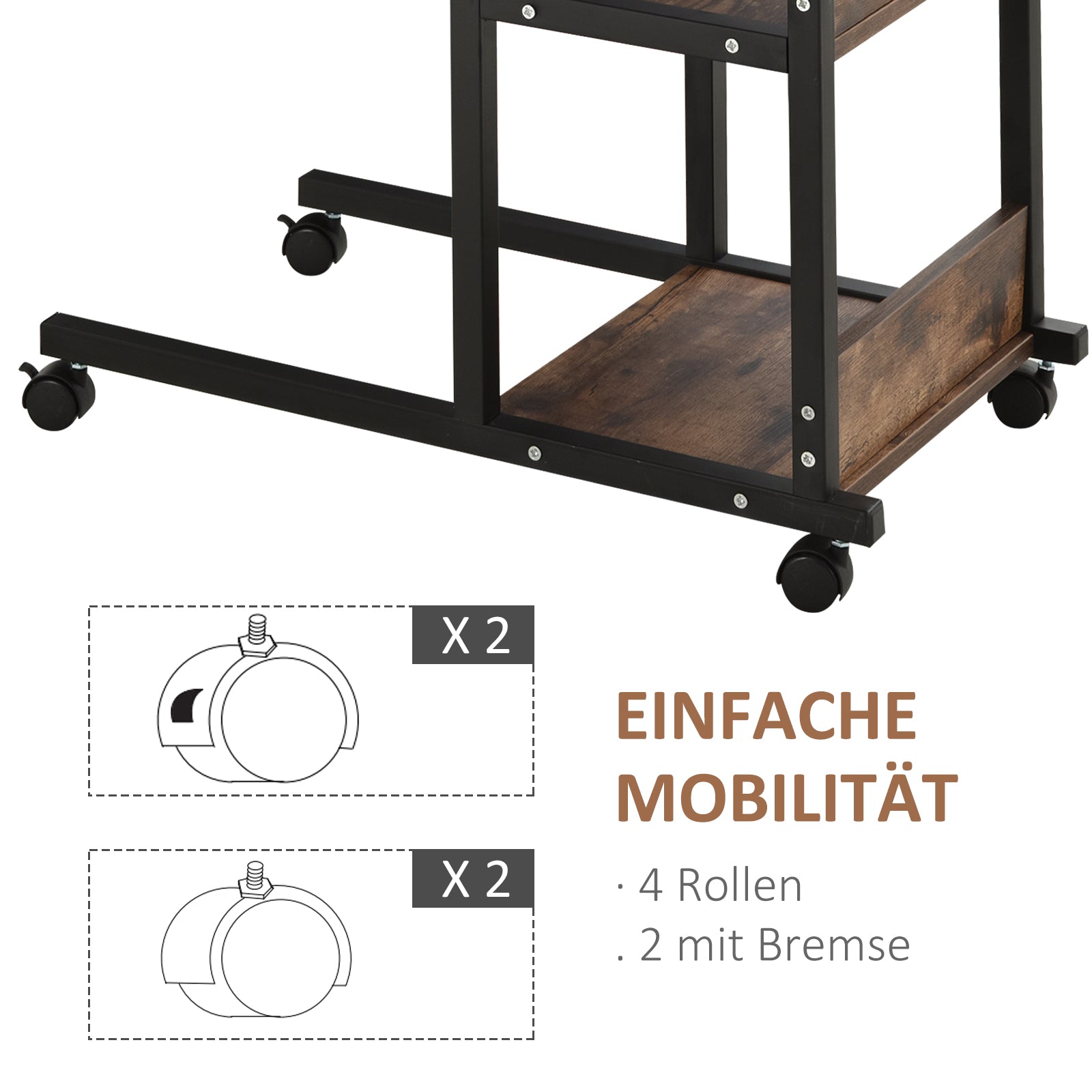 HOMCOM Beistelltisch mit Rollen, höhenverstellbar, kompakt, 2 Ablageböden, Metallrahmen, 80x40x72-82 cm, Braun/Schwarz
