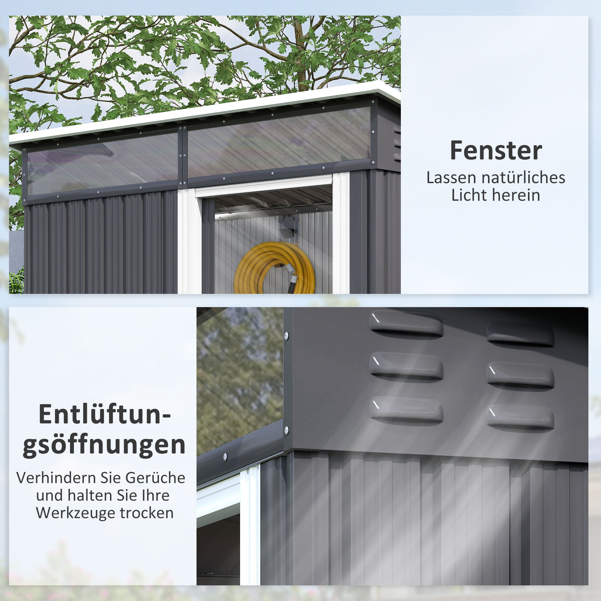 Outsunny Gartenschuppen, Geräteschuppen mit Fenstern, Lüftungsöffnungen, Schiebetür, wasserdichter Stahl, wetterfest, Dunkelgrau