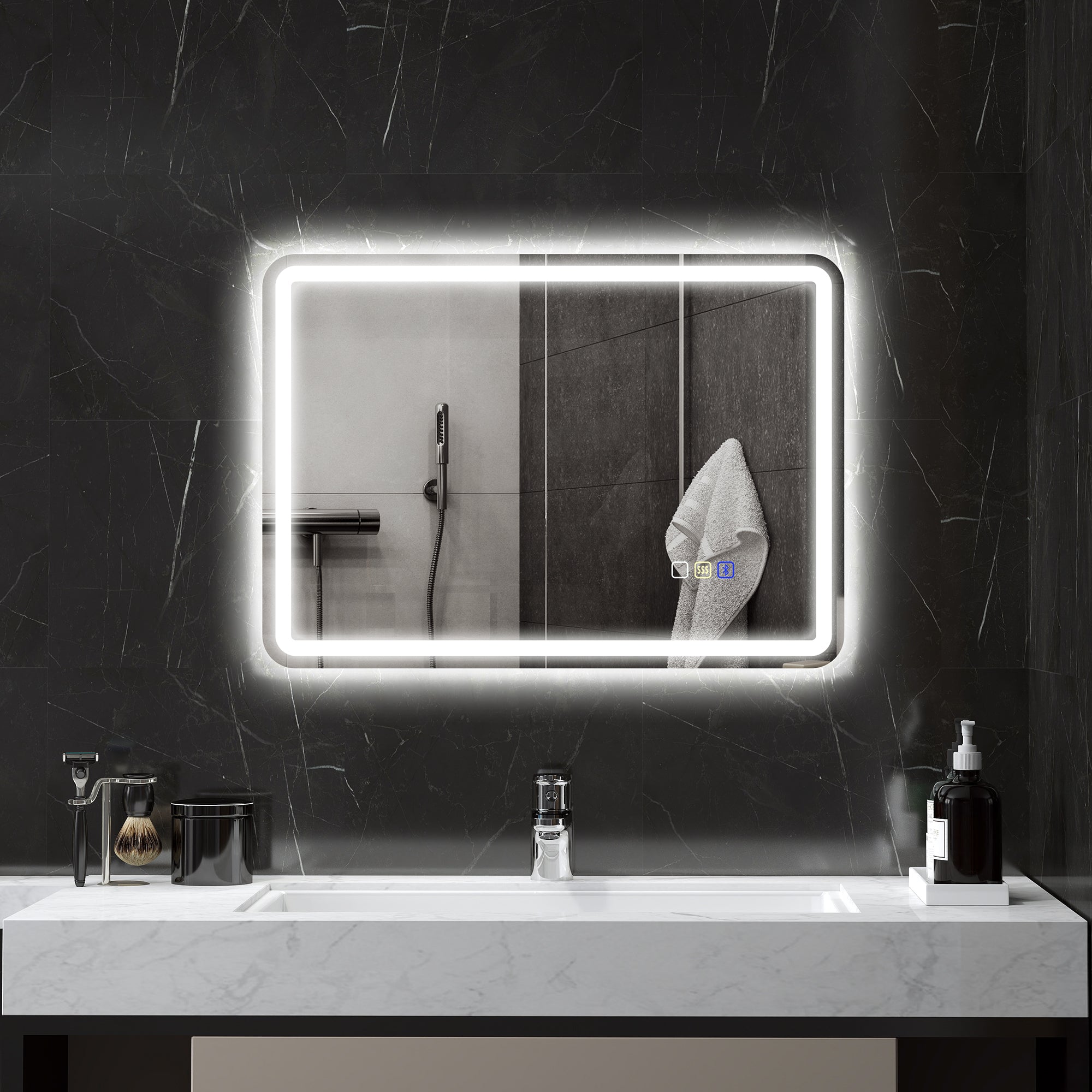 HOMCOM Badezimmerspiegel mit LED-Beleuchtung, Anti-Beschlags-Pad, 3 verstellbare Farben, Silberfarben