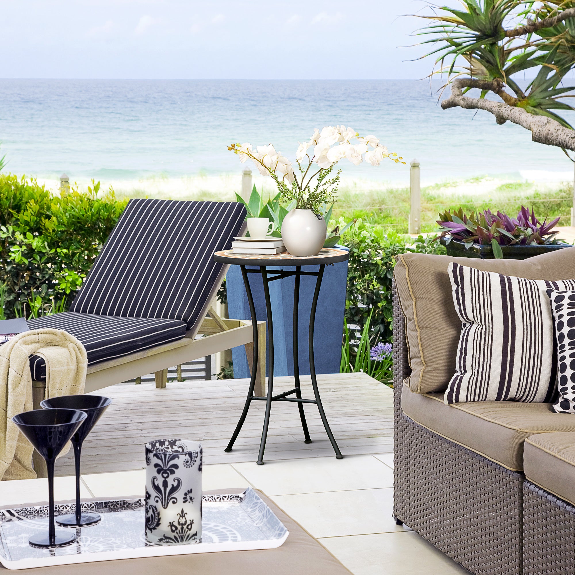 Outsunny Beistelltisch Gartentisch Ø35,5cm Rund wetterfest im Mesh-Stil Balkontisch mit Mosaik-Muster Metall Campingtisch Kaffeetisch für Wohnzimmer Büro Outdoor Indoor Gelb+Grau