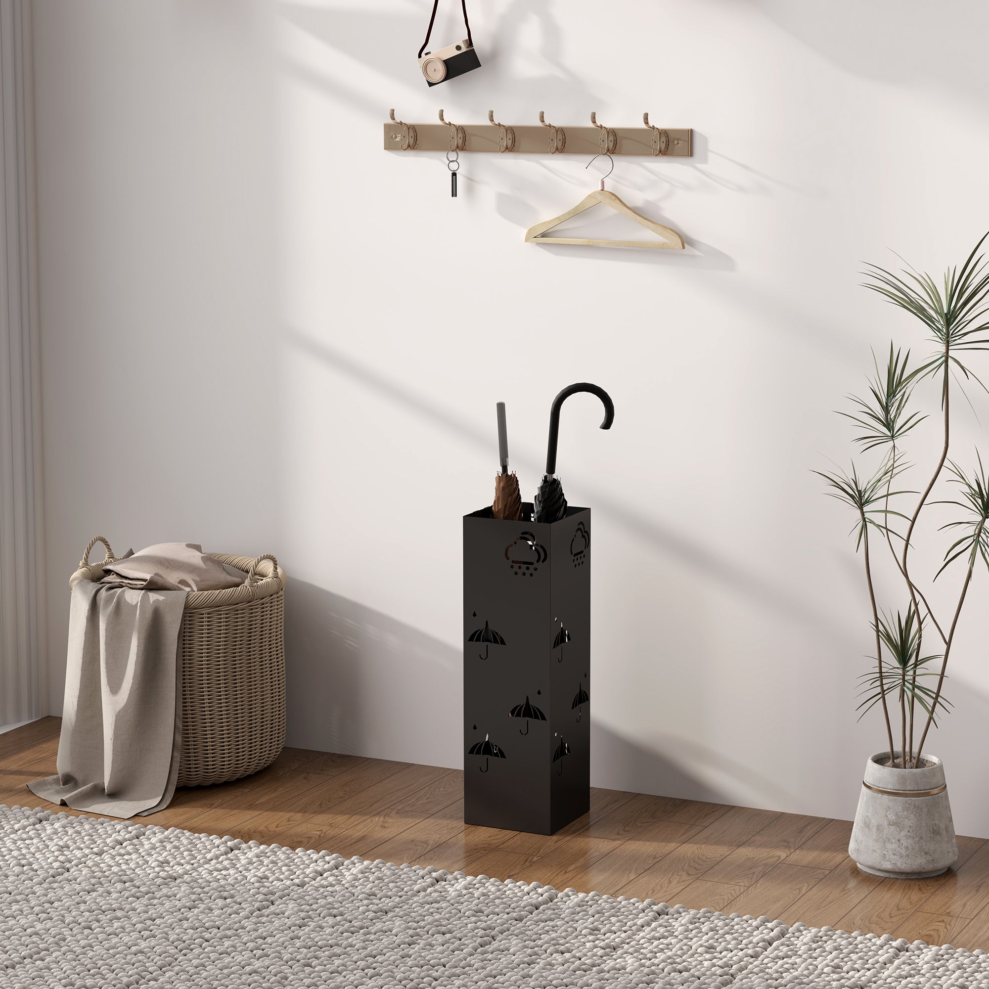 HOMCOM Schirmständer aus Metall, 4 Haken, Wolken- und Schirmmuster, Tropfblech, Schwarz